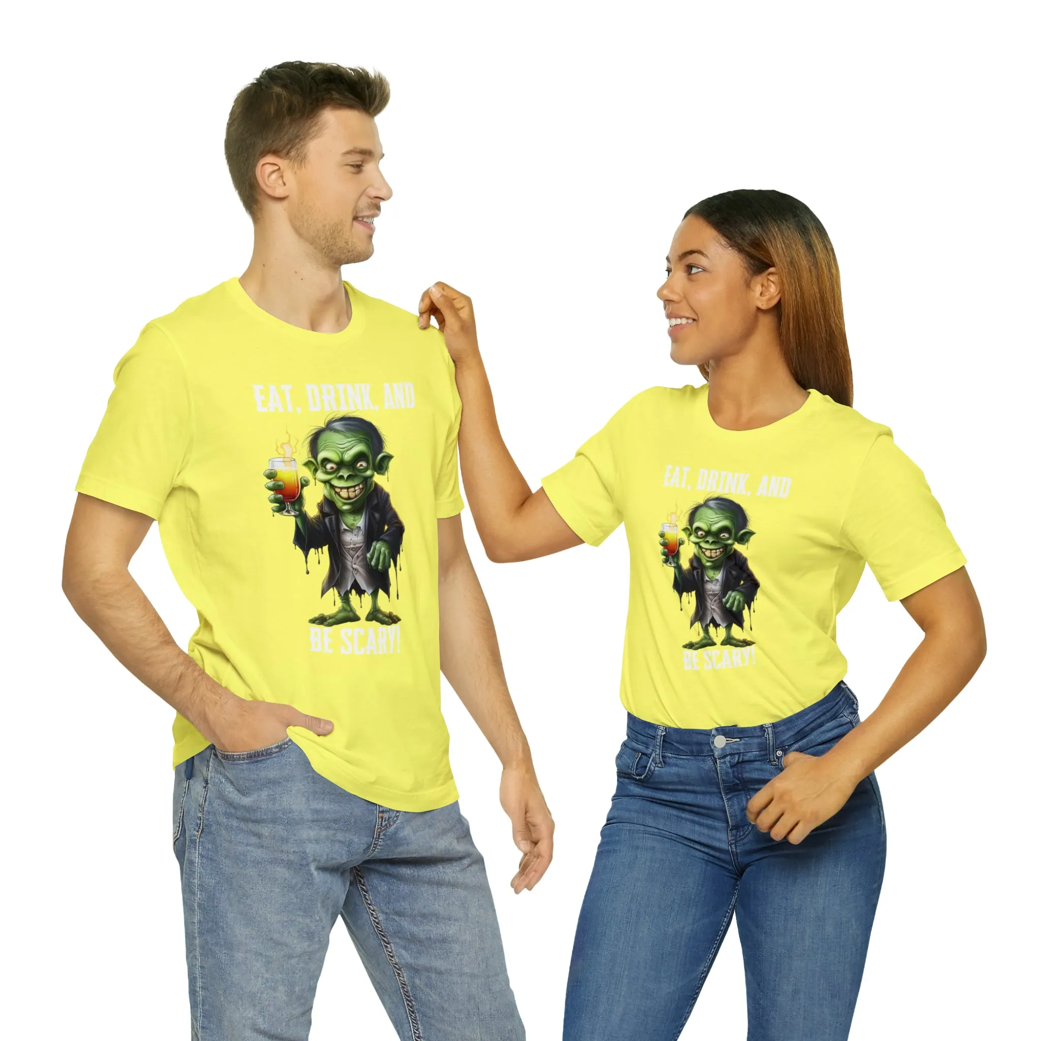 Eat Drink and Be Scary Halloween T-Shirt | Creepy Scary Ghoul Tee |  Bella Canvas 3001Unisex | Ghoul Drinking Short Sleeve Tshirt