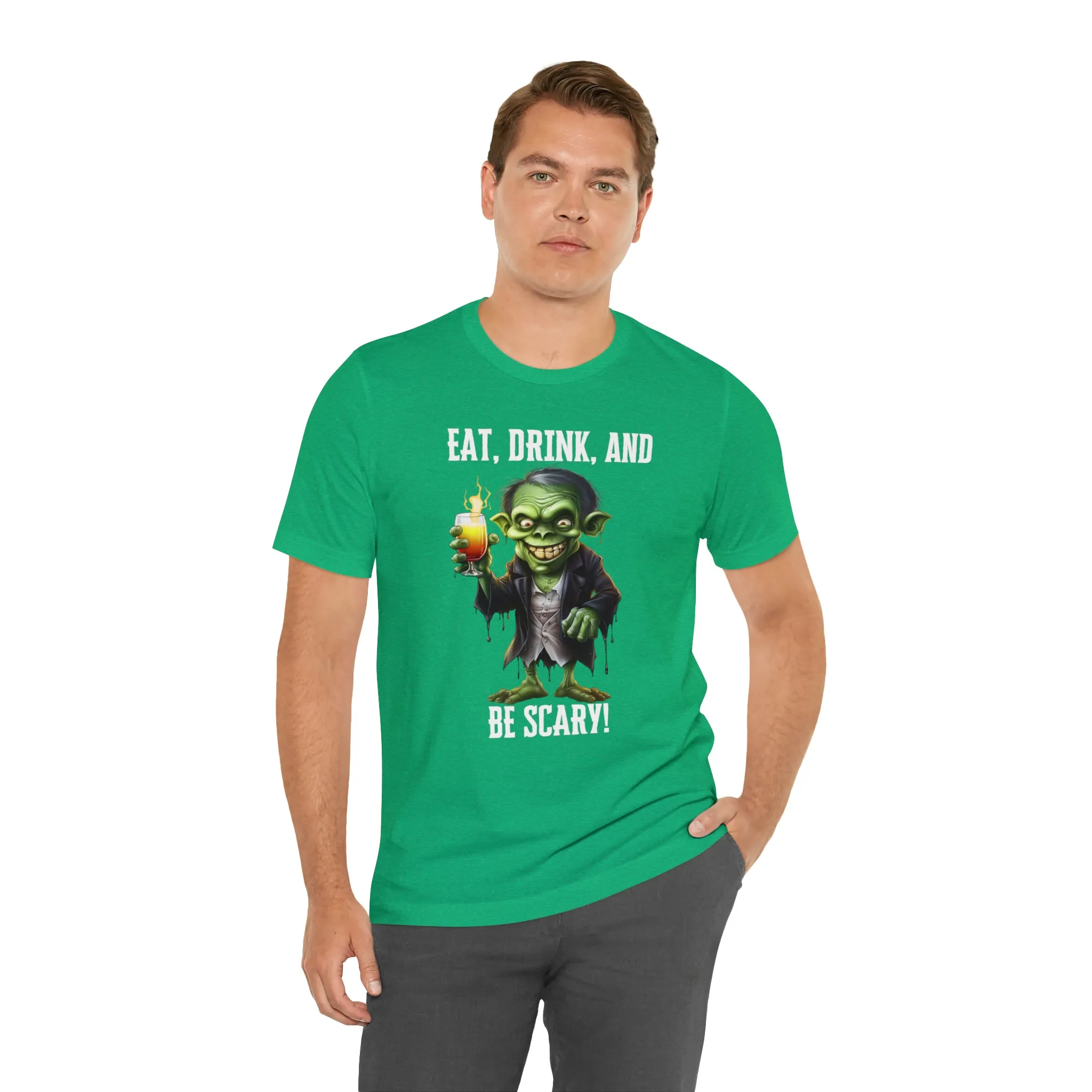 Eat Drink and Be Scary Halloween T-Shirt | Creepy Scary Ghoul Tee |  Bella Canvas 3001Unisex | Ghoul Drinking Short Sleeve Tshirt