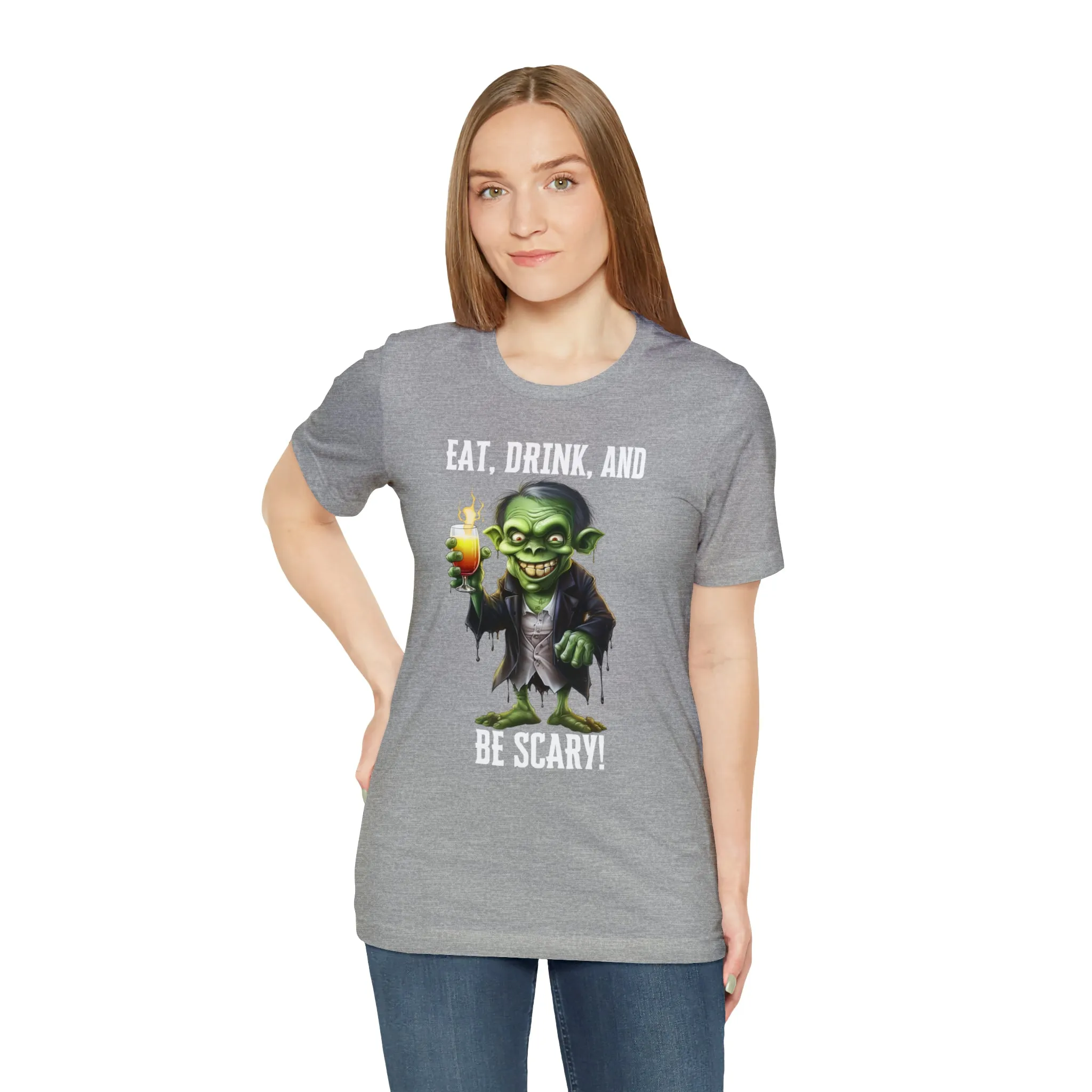 Eat Drink and Be Scary Halloween T-Shirt | Creepy Scary Ghoul Tee |  Bella Canvas 3001Unisex | Ghoul Drinking Short Sleeve Tshirt