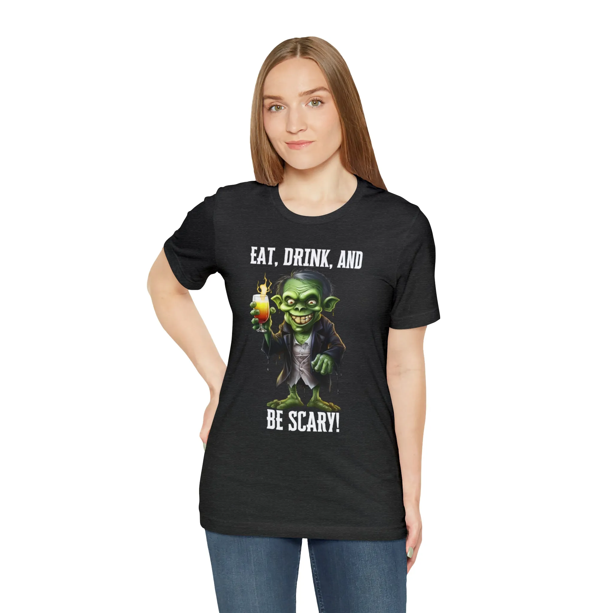 Eat Drink and Be Scary Halloween T-Shirt | Creepy Scary Ghoul Tee |  Bella Canvas 3001Unisex | Ghoul Drinking Short Sleeve Tshirt