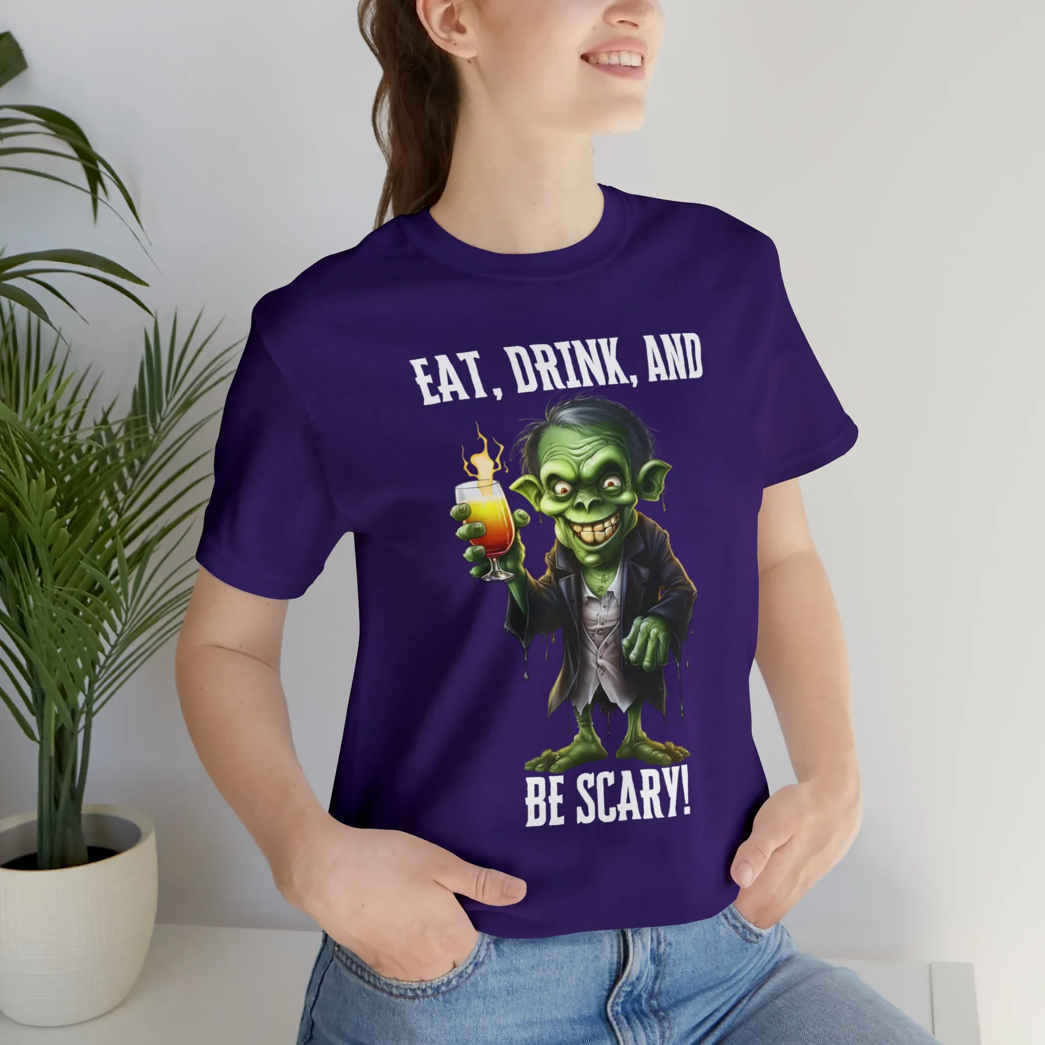 Eat Drink and Be Scary Halloween T-Shirt | Creepy Scary Ghoul Tee |  Bella Canvas 3001Unisex | Ghoul Drinking Short Sleeve Tshirt