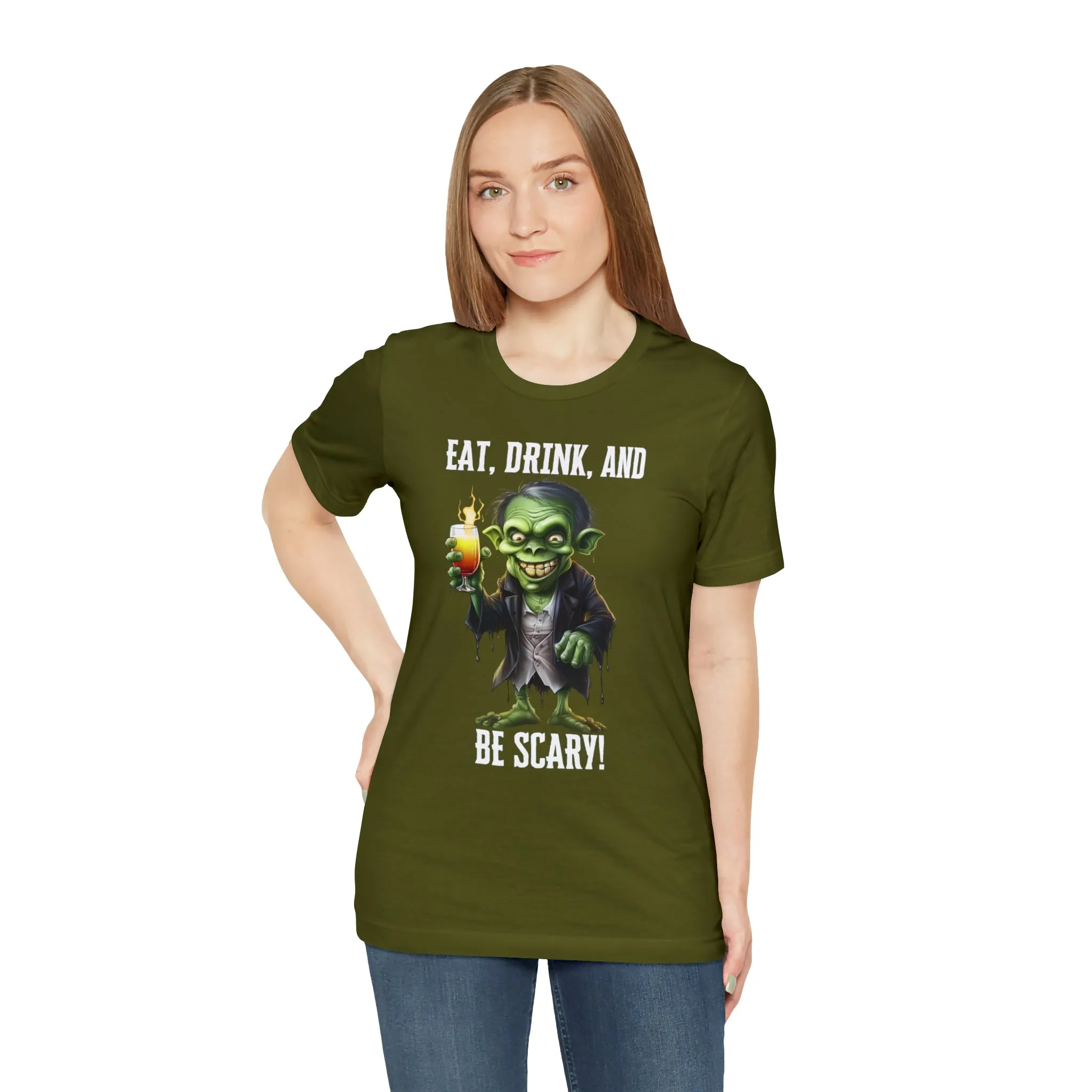 Eat Drink and Be Scary Halloween T-Shirt | Creepy Scary Ghoul Tee |  Bella Canvas 3001Unisex | Ghoul Drinking Short Sleeve Tshirt