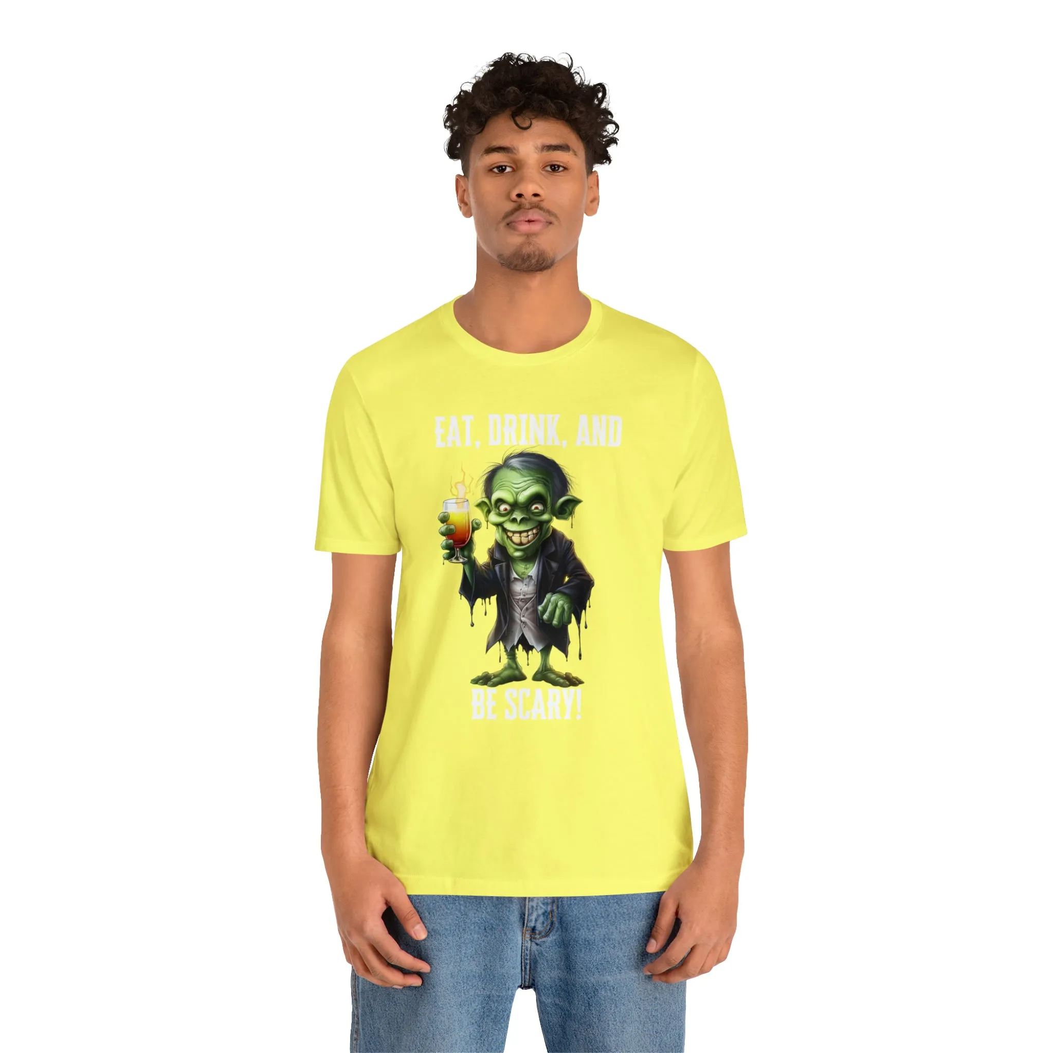 Eat Drink and Be Scary Halloween T-Shirt | Creepy Scary Ghoul Tee |  Bella Canvas 3001Unisex | Ghoul Drinking Short Sleeve Tshirt