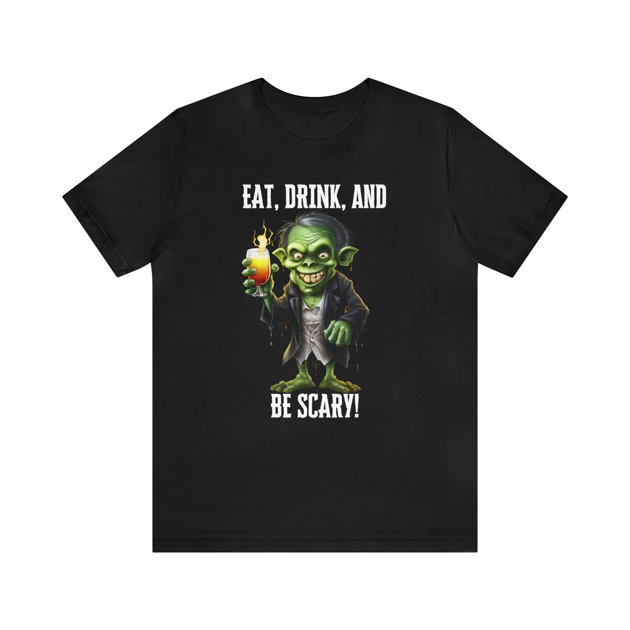 Eat Drink and Be Scary Halloween T-Shirt | Creepy Scary Ghoul Tee |  Bella Canvas 3001Unisex | Ghoul Drinking Short Sleeve Tshirt