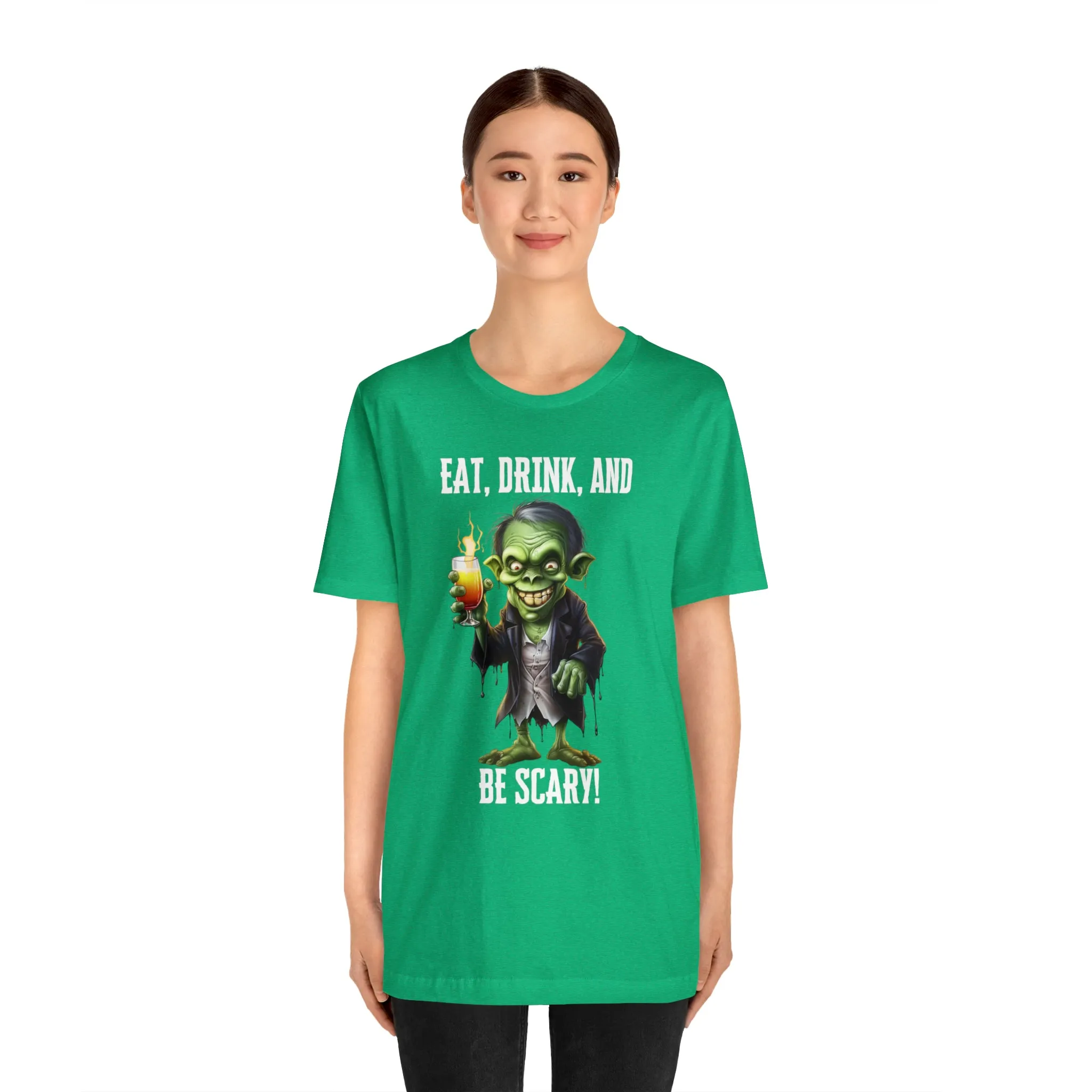 Eat Drink and Be Scary Halloween T-Shirt | Creepy Scary Ghoul Tee |  Bella Canvas 3001Unisex | Ghoul Drinking Short Sleeve Tshirt