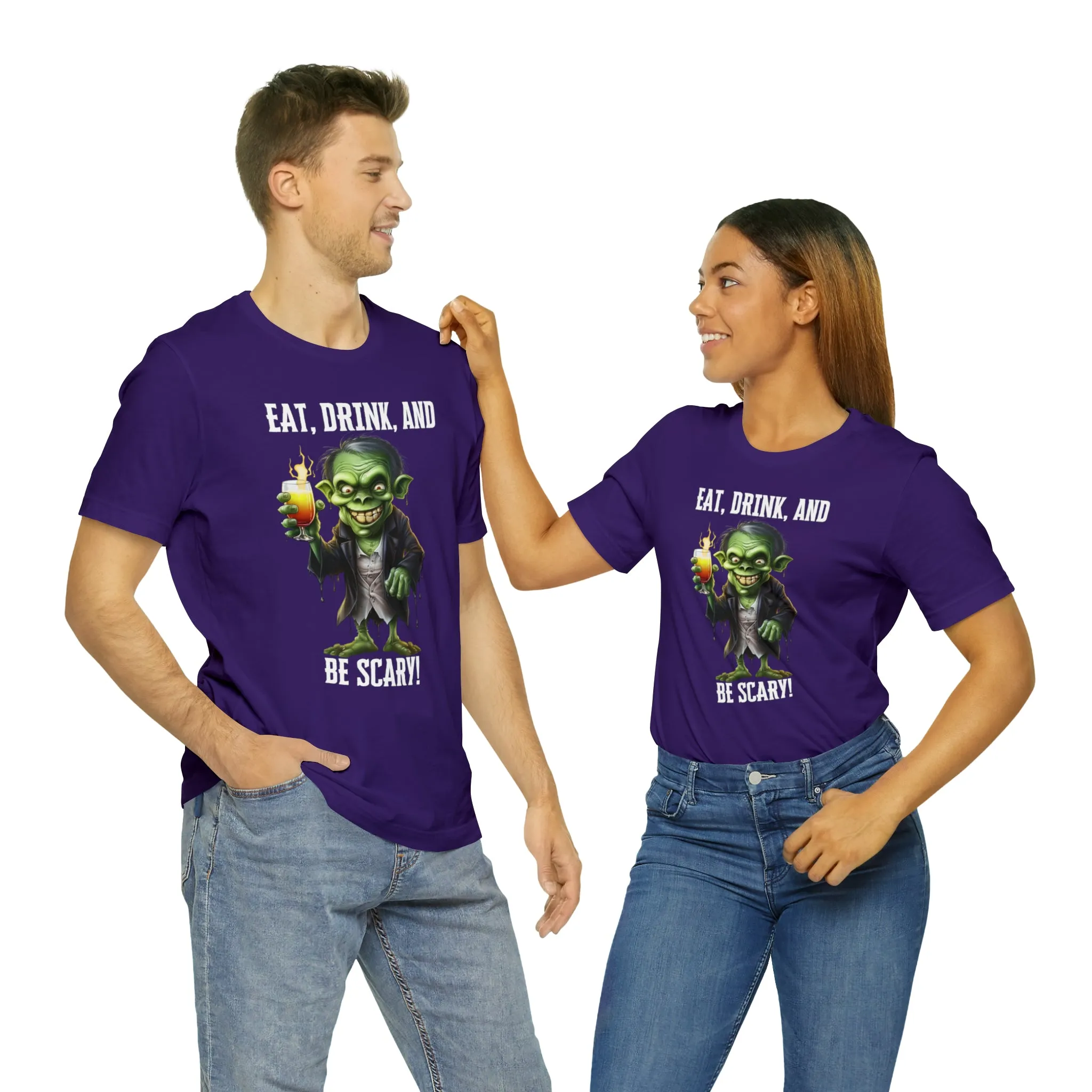 Eat Drink and Be Scary Halloween T-Shirt | Creepy Scary Ghoul Tee |  Bella Canvas 3001Unisex | Ghoul Drinking Short Sleeve Tshirt