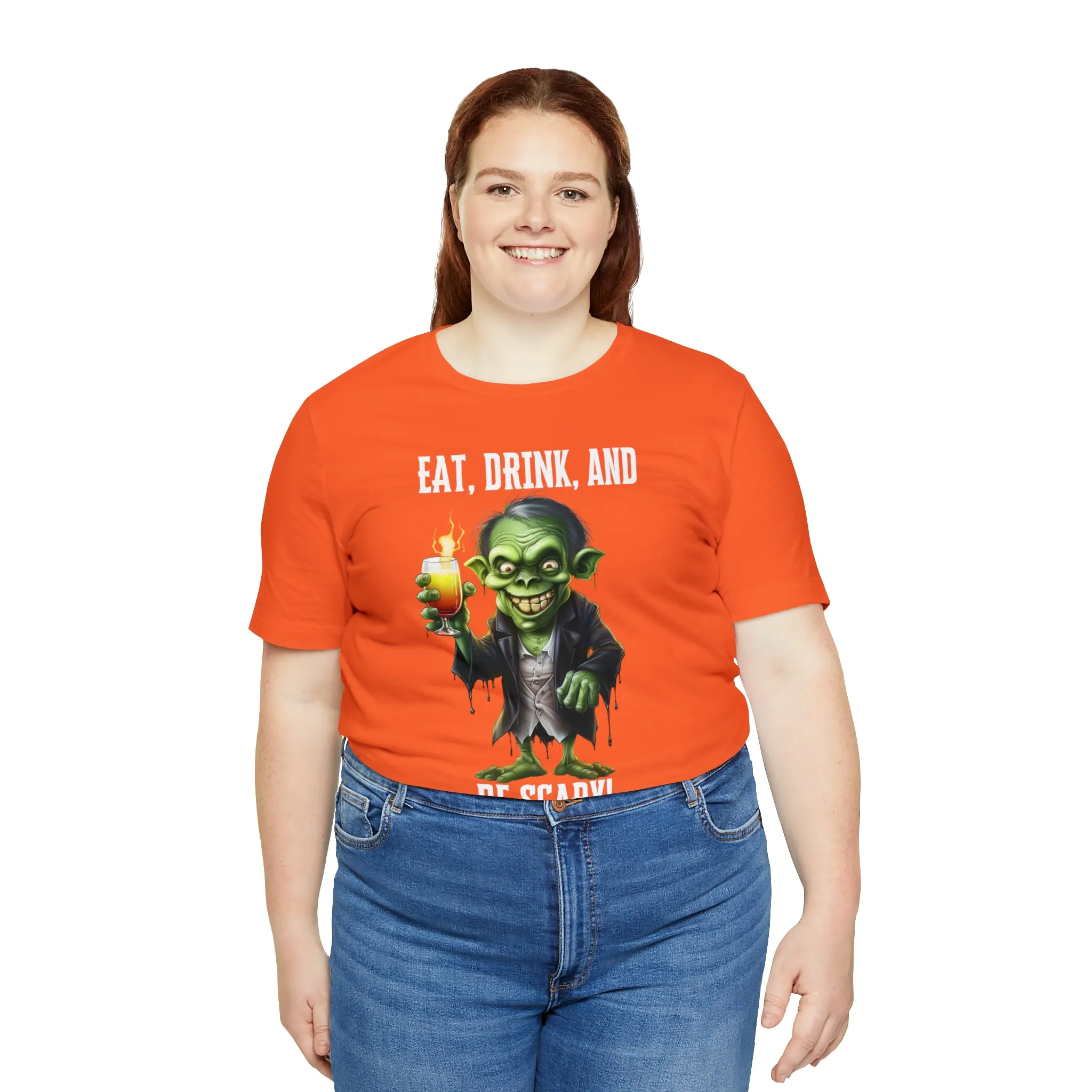 Eat Drink and Be Scary Halloween T-Shirt | Creepy Scary Ghoul Tee |  Bella Canvas 3001Unisex | Ghoul Drinking Short Sleeve Tshirt