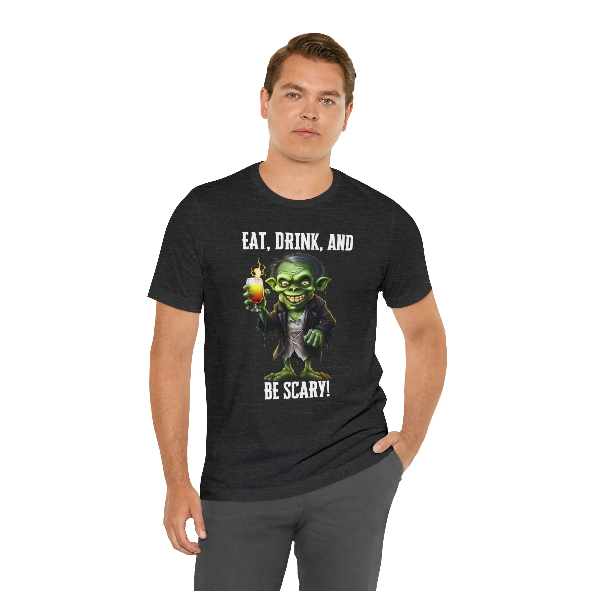 Eat Drink and Be Scary Halloween T-Shirt | Creepy Scary Ghoul Tee |  Bella Canvas 3001Unisex | Ghoul Drinking Short Sleeve Tshirt
