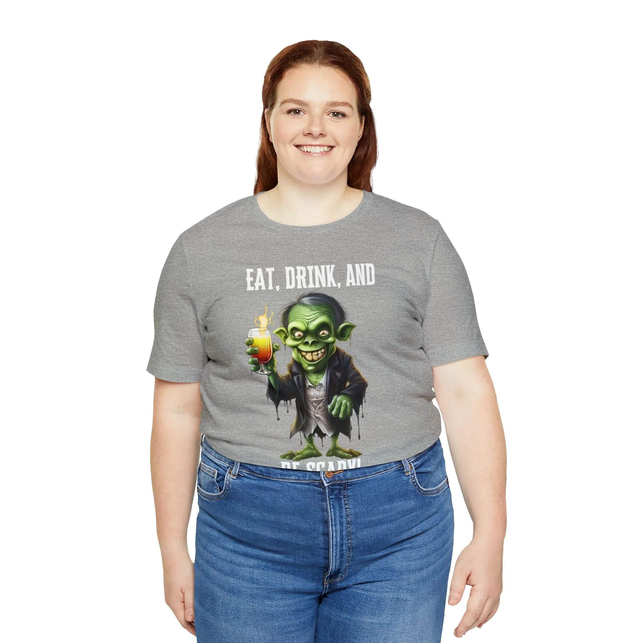 Eat Drink and Be Scary Halloween T-Shirt | Creepy Scary Ghoul Tee |  Bella Canvas 3001Unisex | Ghoul Drinking Short Sleeve Tshirt