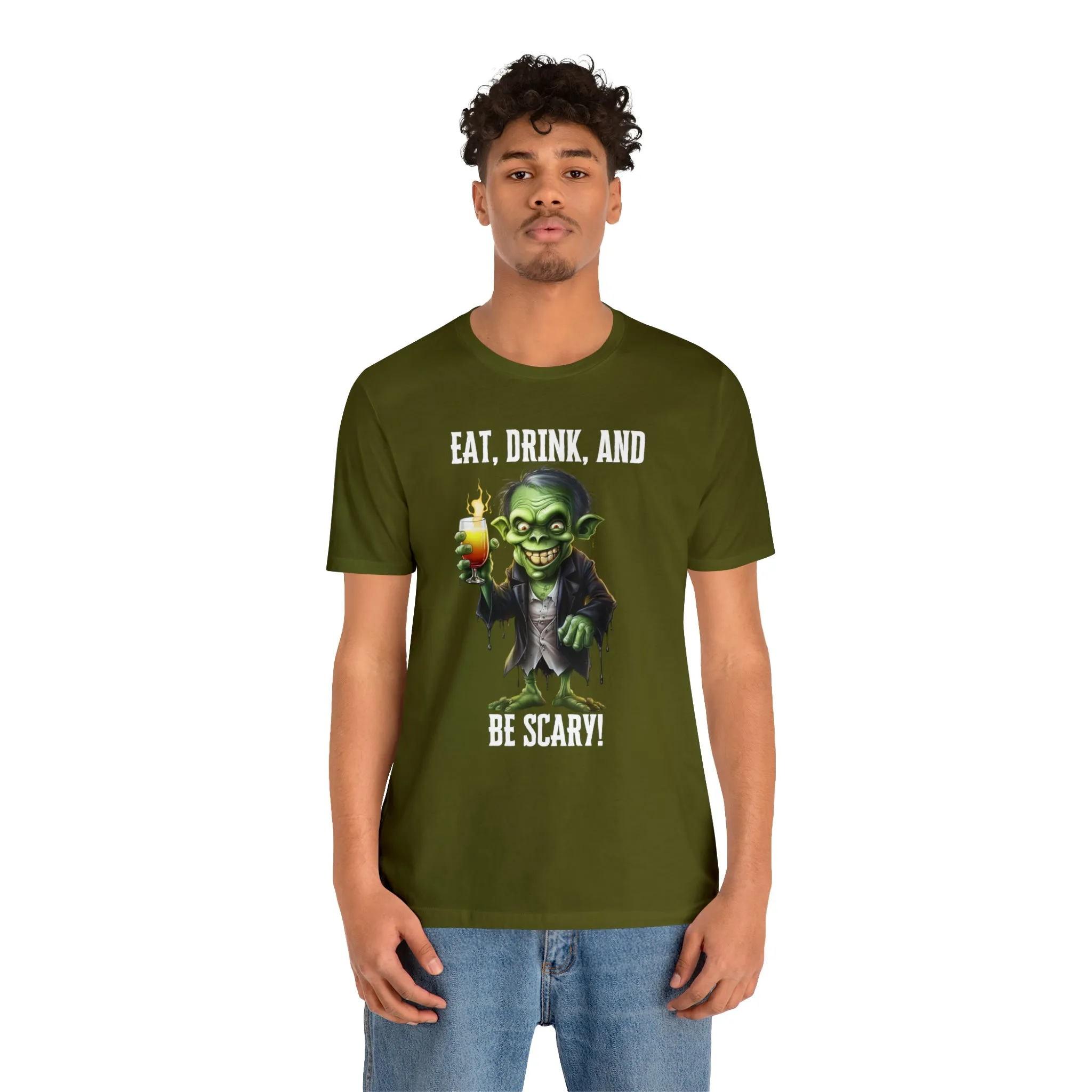 Eat Drink and Be Scary Halloween T-Shirt | Creepy Scary Ghoul Tee |  Bella Canvas 3001Unisex | Ghoul Drinking Short Sleeve Tshirt