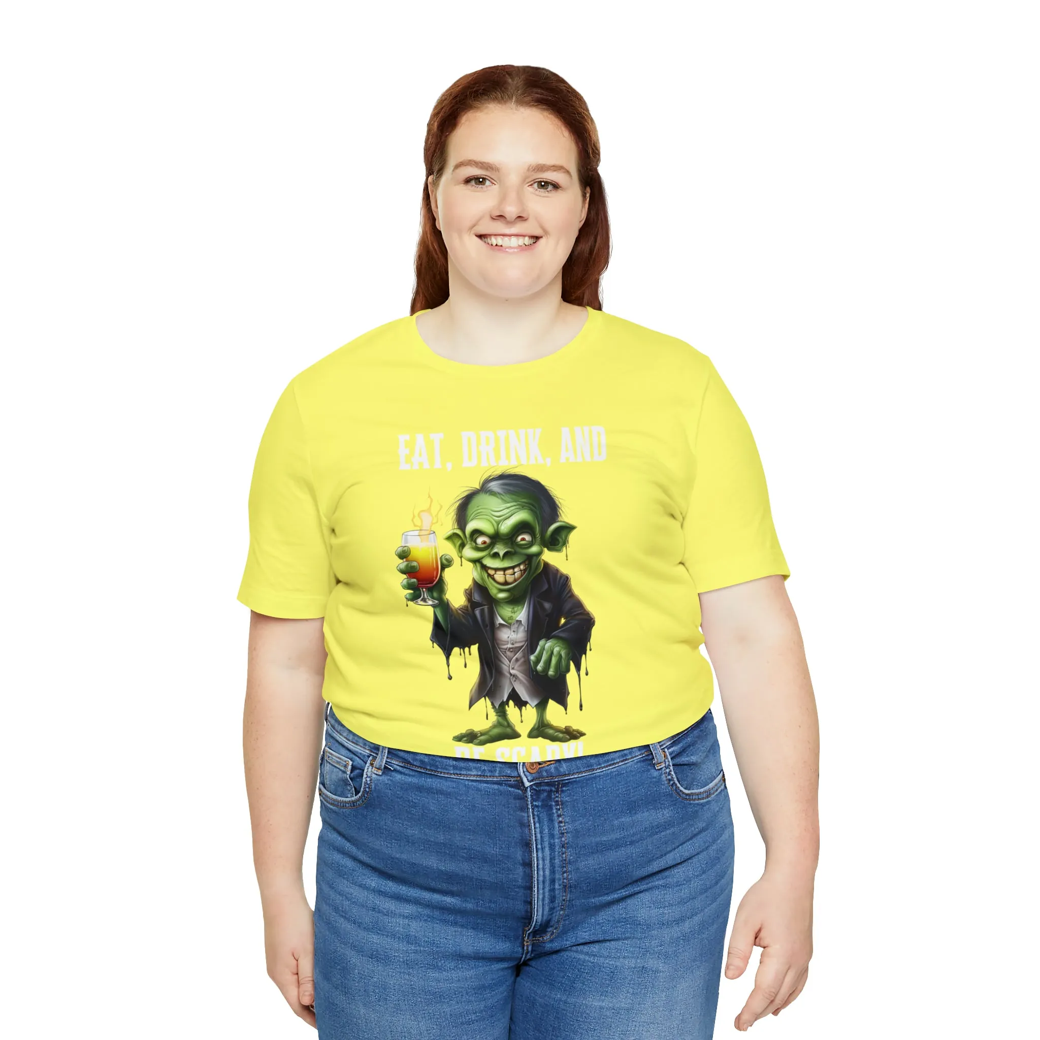 Eat Drink and Be Scary Halloween T-Shirt | Creepy Scary Ghoul Tee |  Bella Canvas 3001Unisex | Ghoul Drinking Short Sleeve Tshirt