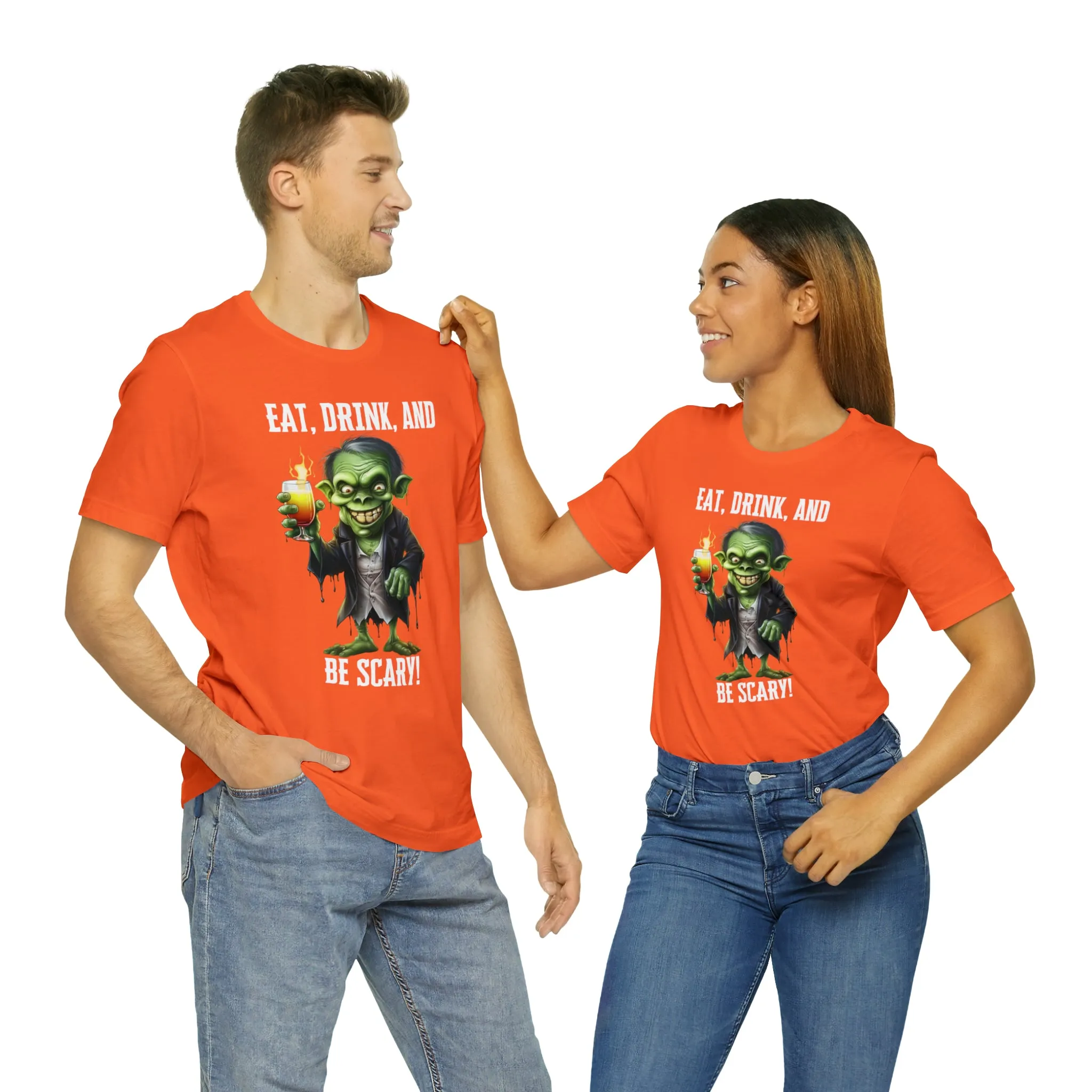 Eat Drink and Be Scary Halloween T-Shirt | Creepy Scary Ghoul Tee |  Bella Canvas 3001Unisex | Ghoul Drinking Short Sleeve Tshirt