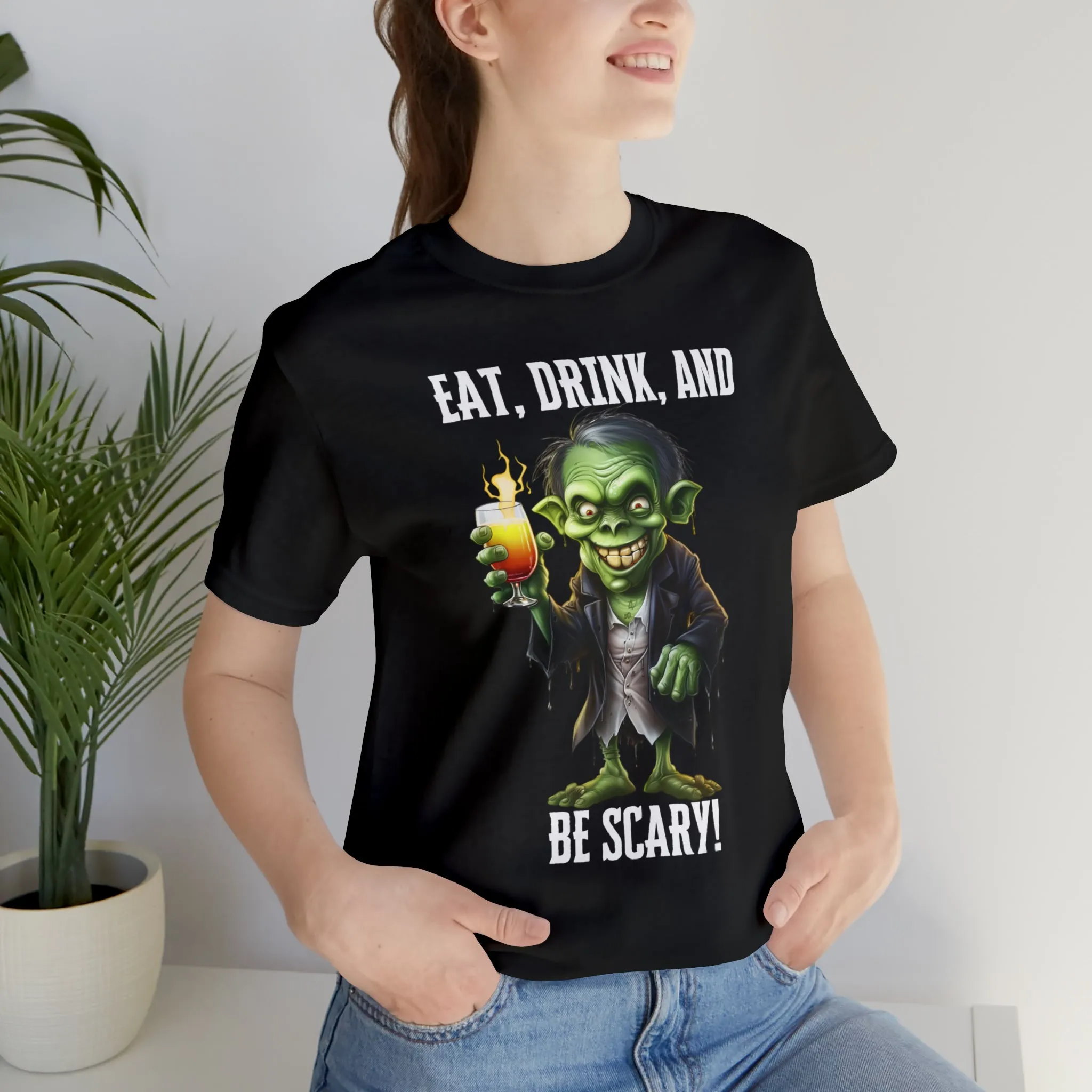 Eat Drink and Be Scary Halloween T-Shirt | Creepy Scary Ghoul Tee |  Bella Canvas 3001Unisex | Ghoul Drinking Short Sleeve Tshirt