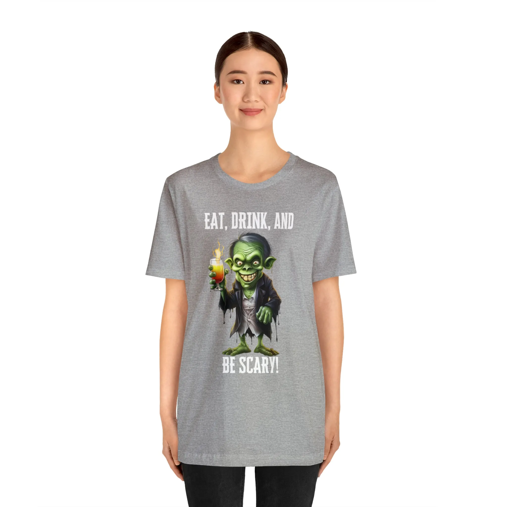 Eat Drink and Be Scary Halloween T-Shirt | Creepy Scary Ghoul Tee |  Bella Canvas 3001Unisex | Ghoul Drinking Short Sleeve Tshirt
