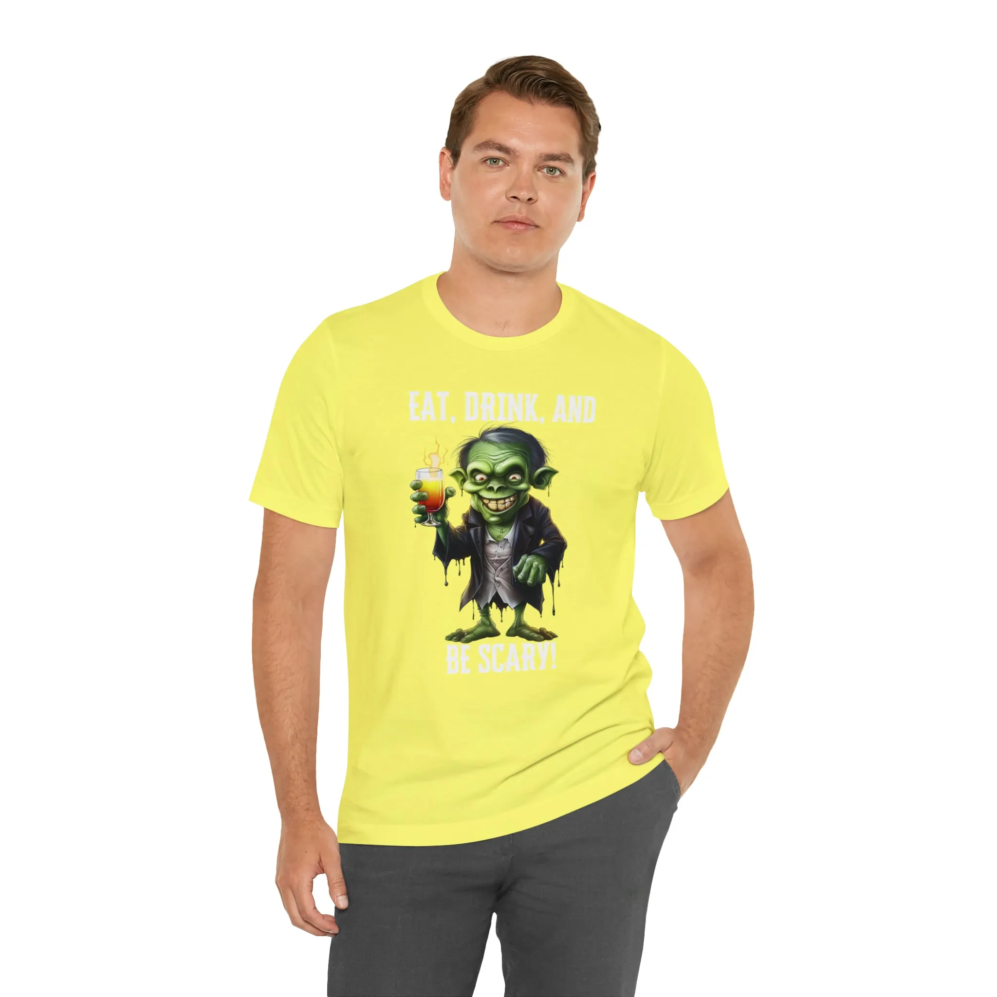 Eat Drink and Be Scary Halloween T-Shirt | Creepy Scary Ghoul Tee |  Bella Canvas 3001Unisex | Ghoul Drinking Short Sleeve Tshirt