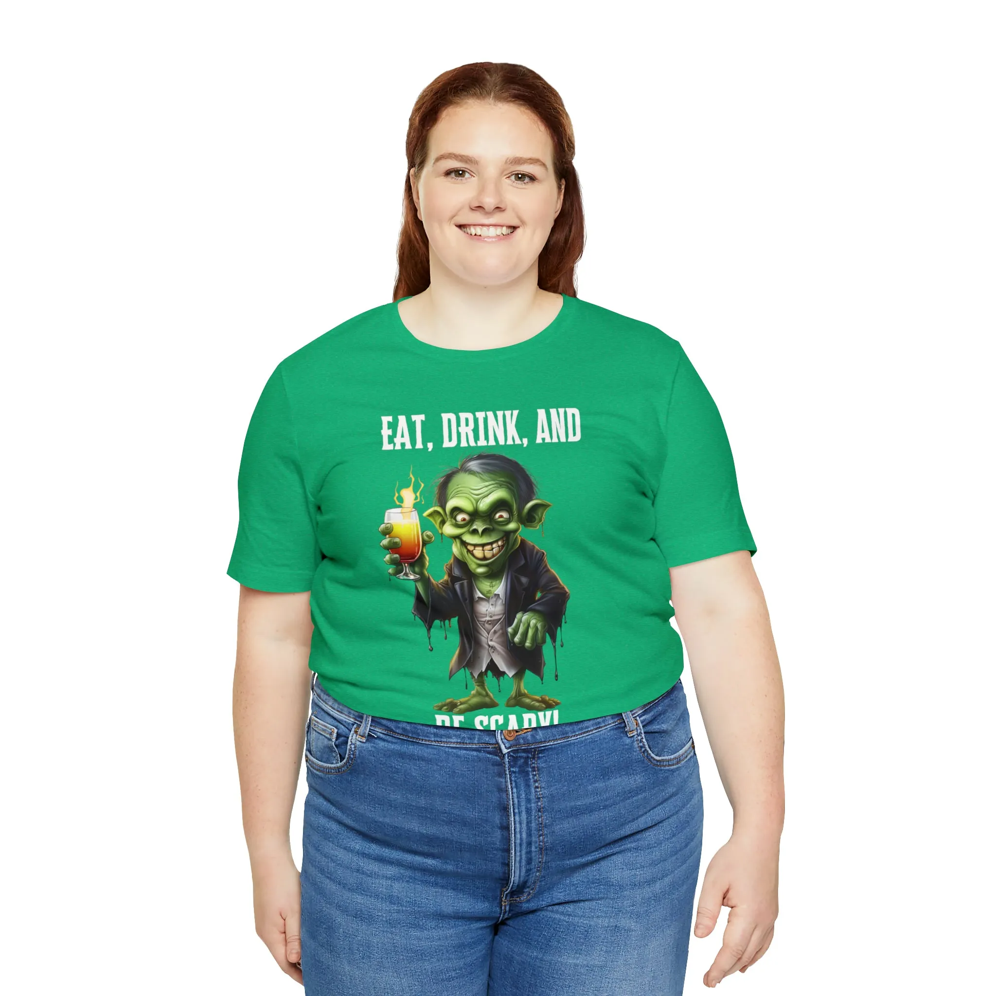Eat Drink and Be Scary Halloween T-Shirt | Creepy Scary Ghoul Tee |  Bella Canvas 3001Unisex | Ghoul Drinking Short Sleeve Tshirt