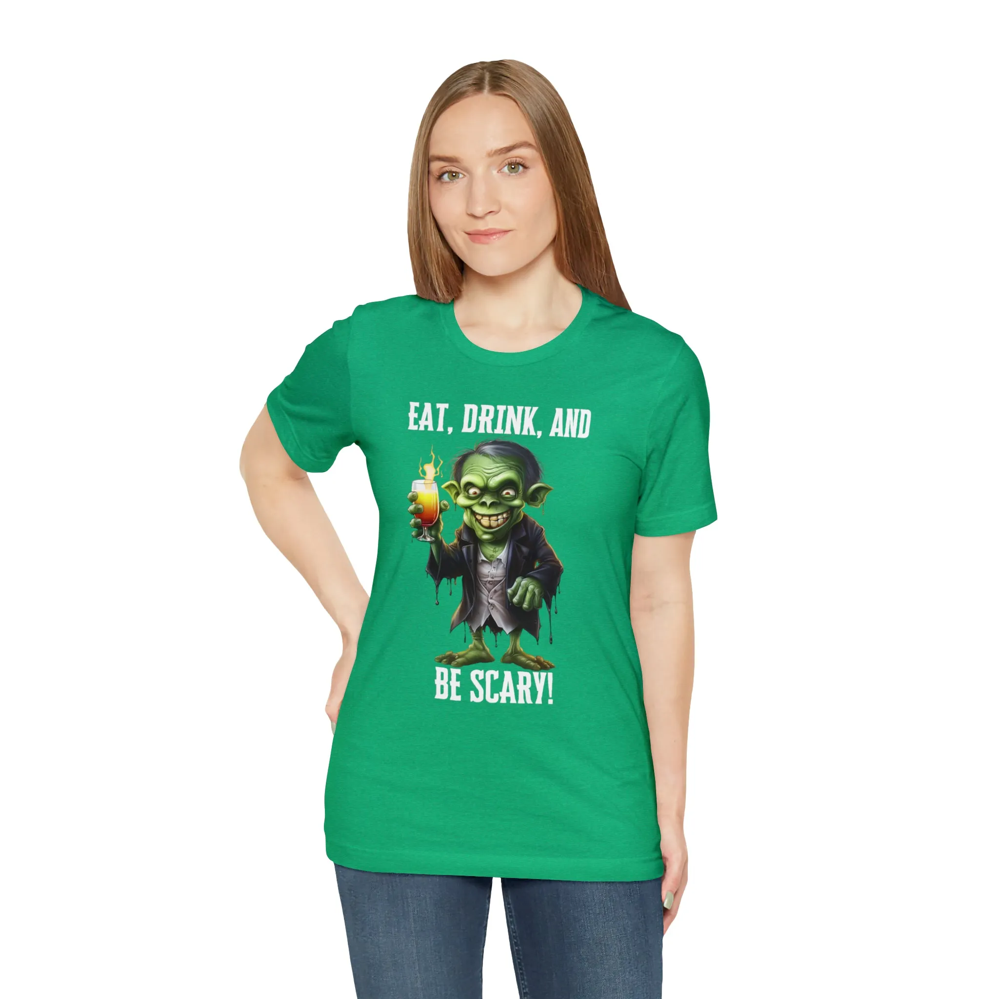 Eat Drink and Be Scary Halloween T-Shirt | Creepy Scary Ghoul Tee |  Bella Canvas 3001Unisex | Ghoul Drinking Short Sleeve Tshirt