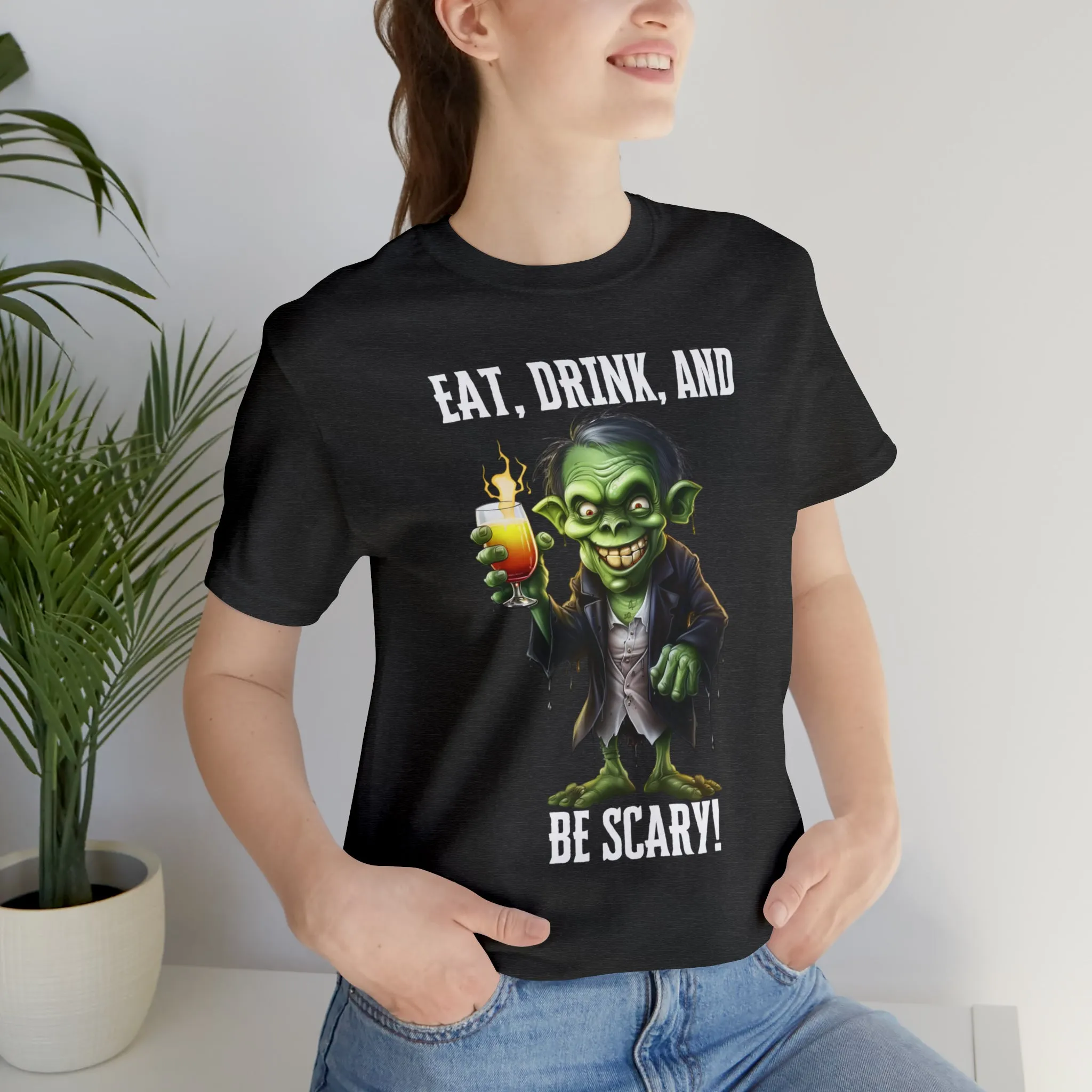 Eat Drink and Be Scary Halloween T-Shirt | Creepy Scary Ghoul Tee |  Bella Canvas 3001Unisex | Ghoul Drinking Short Sleeve Tshirt