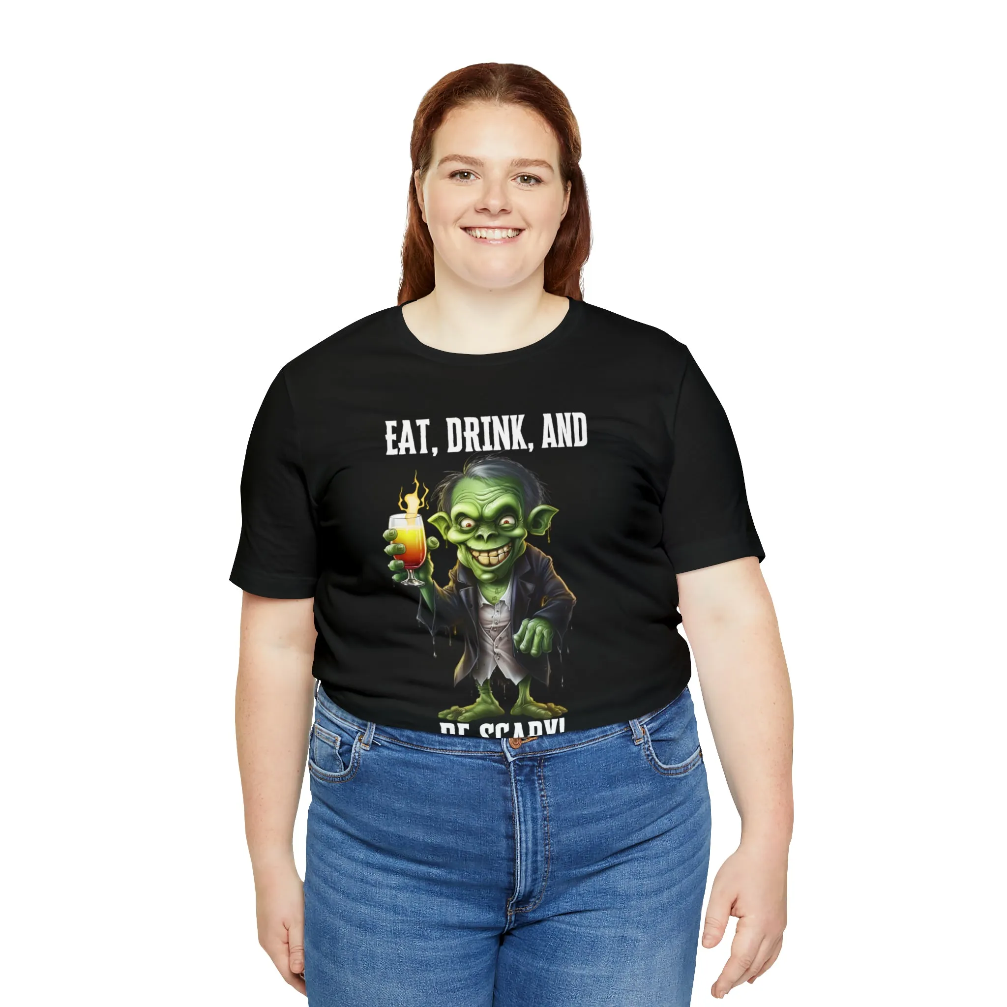 Eat Drink and Be Scary Halloween T-Shirt | Creepy Scary Ghoul Tee |  Bella Canvas 3001Unisex | Ghoul Drinking Short Sleeve Tshirt