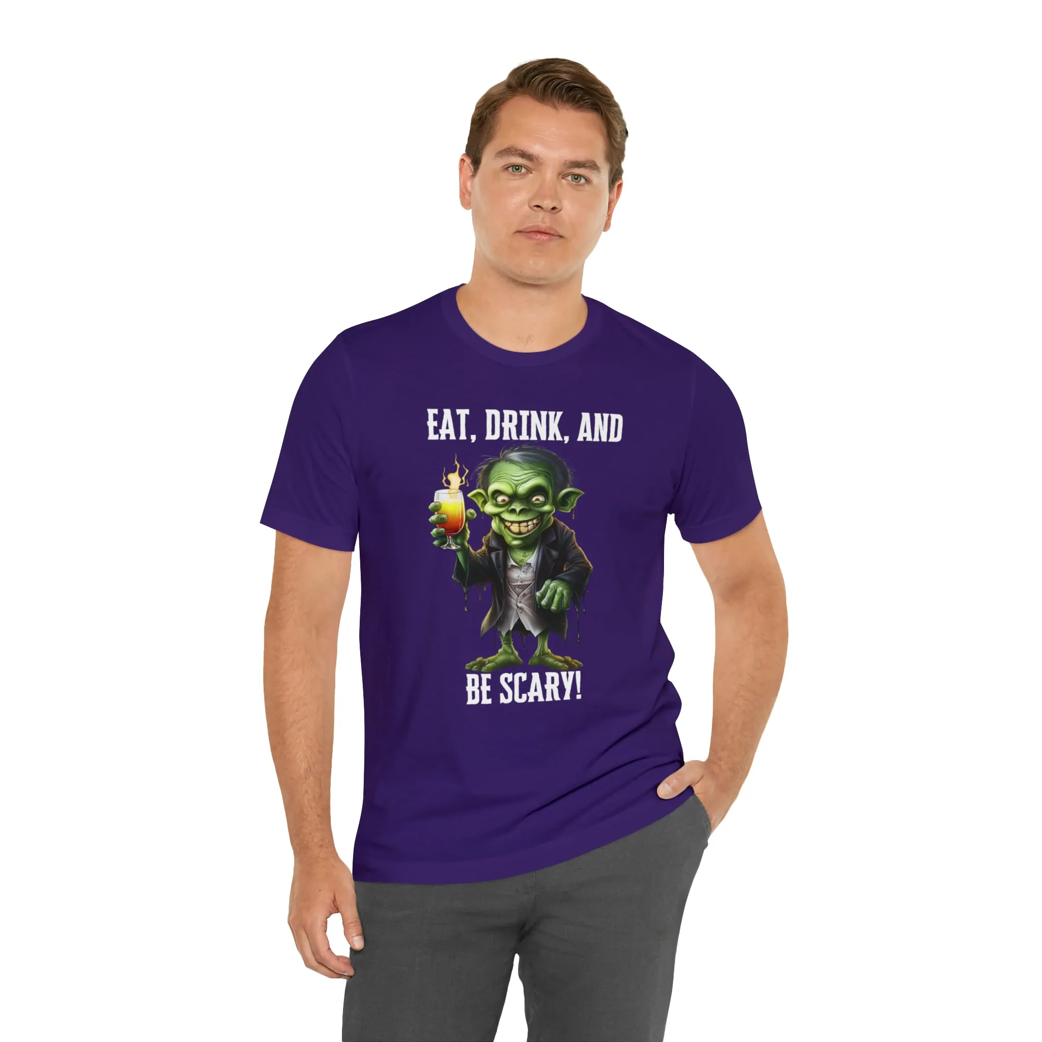 Eat Drink and Be Scary Halloween T-Shirt | Creepy Scary Ghoul Tee |  Bella Canvas 3001Unisex | Ghoul Drinking Short Sleeve Tshirt