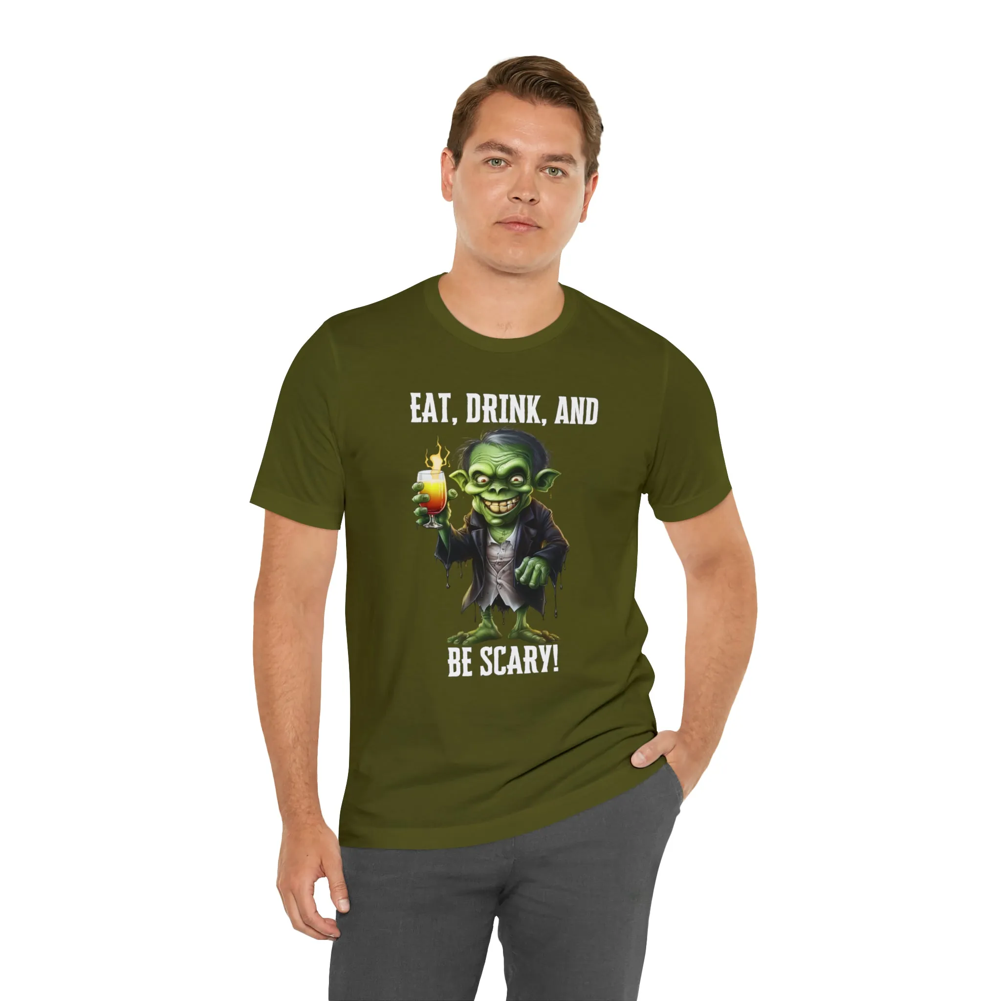 Eat Drink and Be Scary Halloween T-Shirt | Creepy Scary Ghoul Tee |  Bella Canvas 3001Unisex | Ghoul Drinking Short Sleeve Tshirt