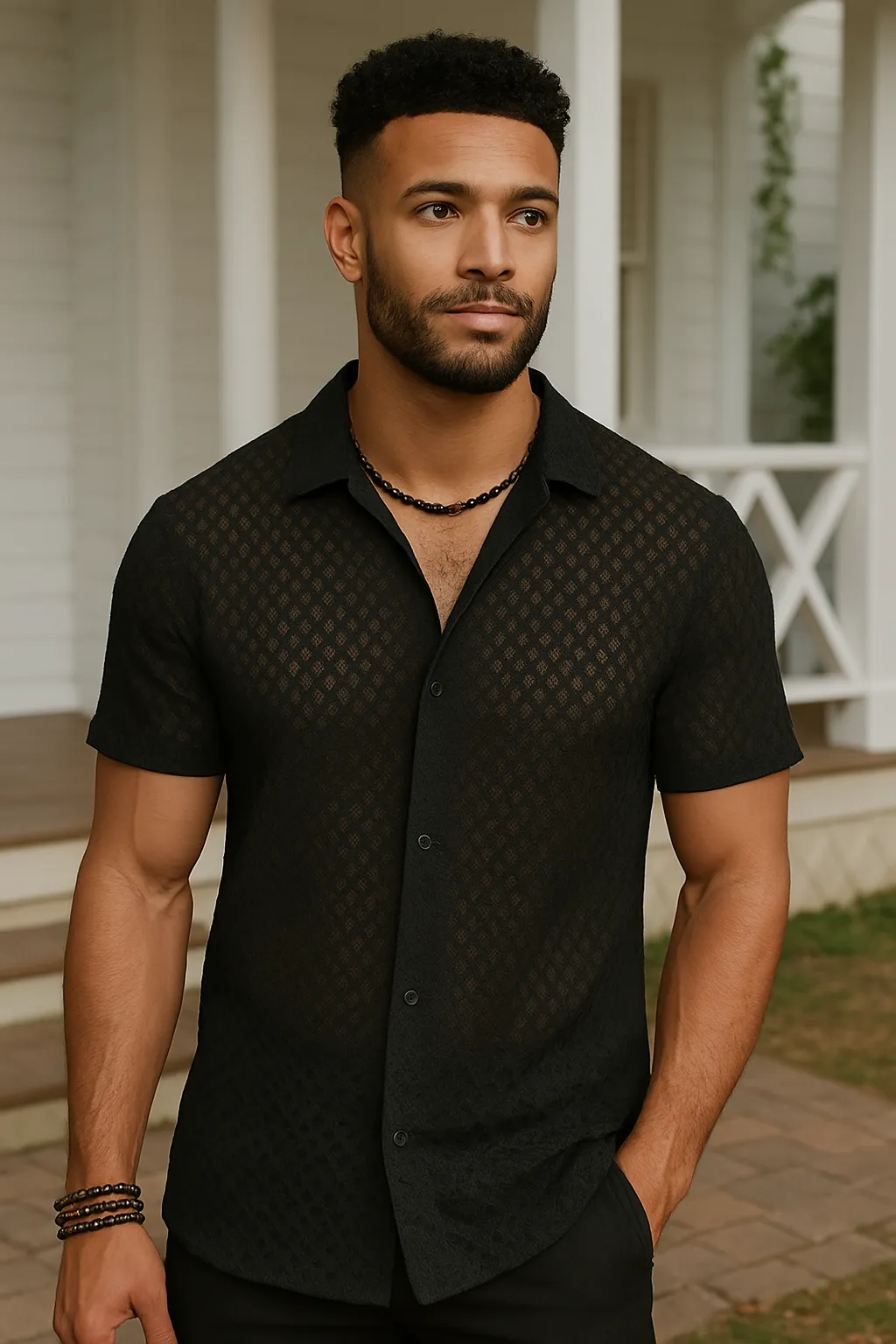Fashion Solid Color Polo Collar Short Sleeve Mesh Shirt Men's Tops