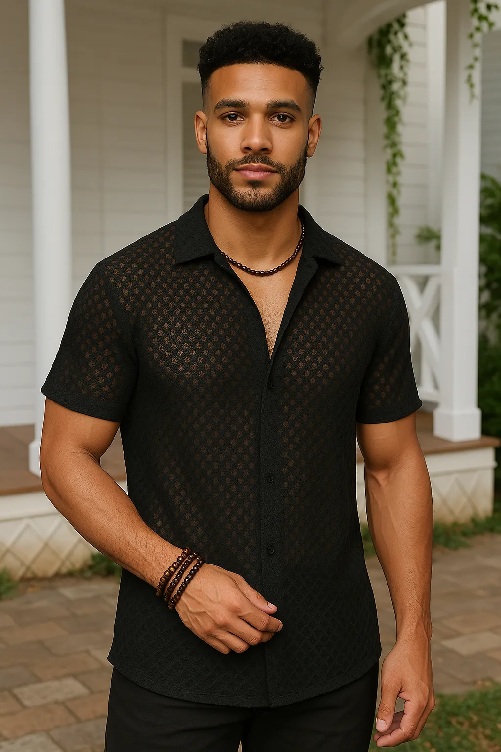 Fashion Solid Color Polo Collar Short Sleeve Mesh Shirt Men's Tops