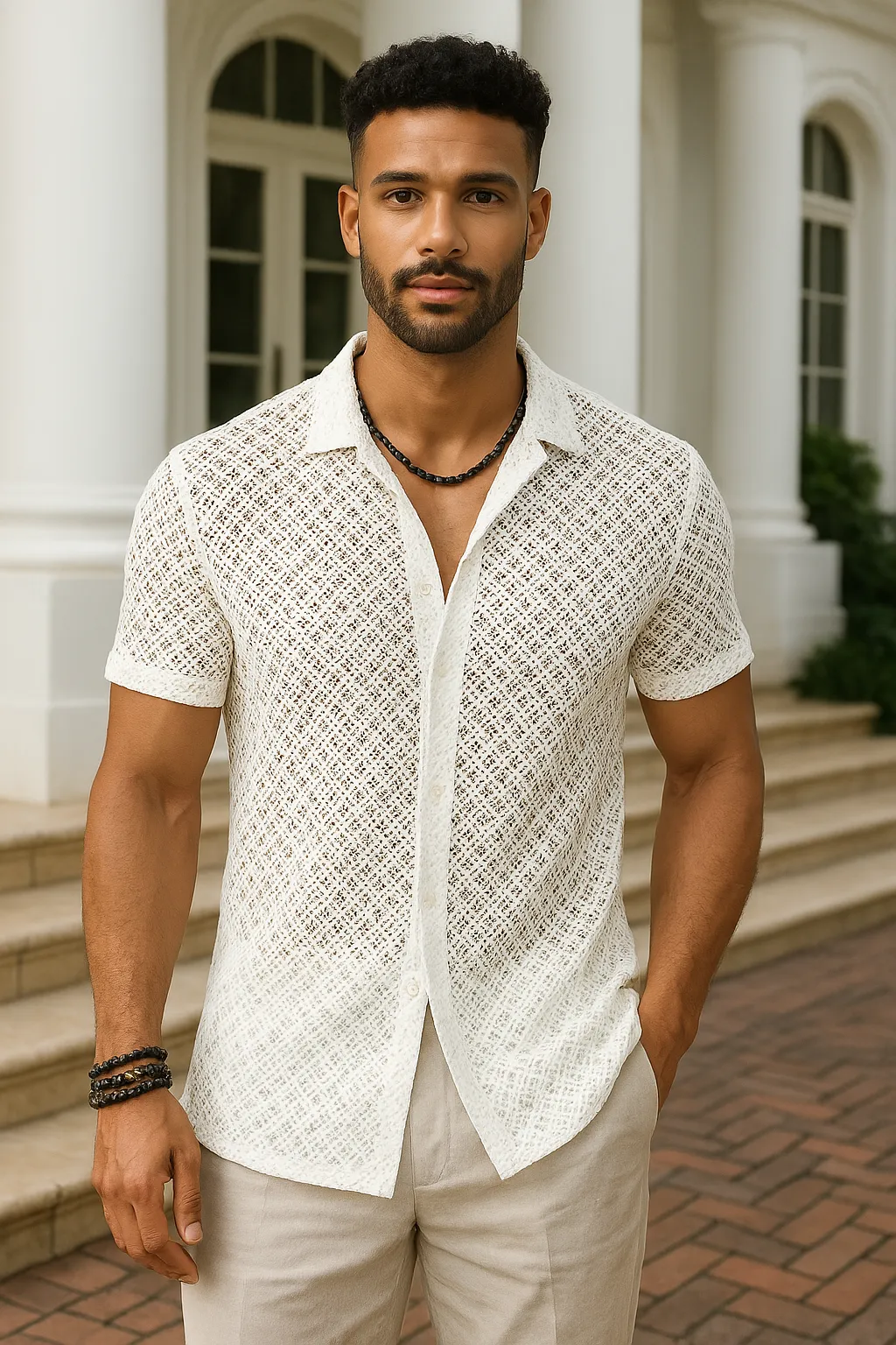 Fashion Solid Color Polo Collar Short Sleeve Mesh Shirt Men's Tops