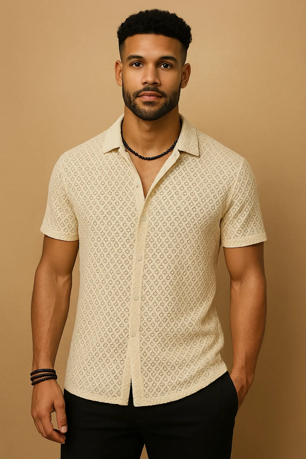 Fashion Solid Color Polo Collar Short Sleeve Mesh Shirt Men's Tops