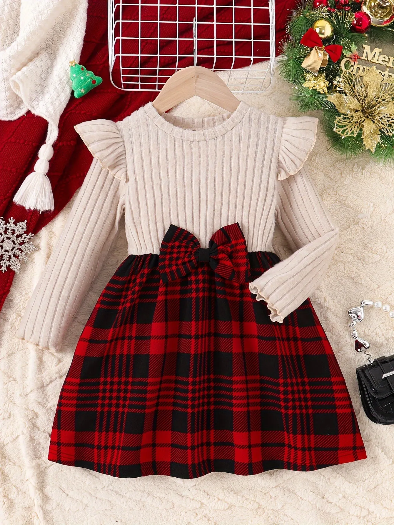 Girls' Christmas Bowknot Long Sleeve Round Neck Dress, Knitted Stretch Polyester Fabric, Regular Fit, Fashion Plaid Pattern, Spring/Autumn Season, Casual Style, Children'S Clothing