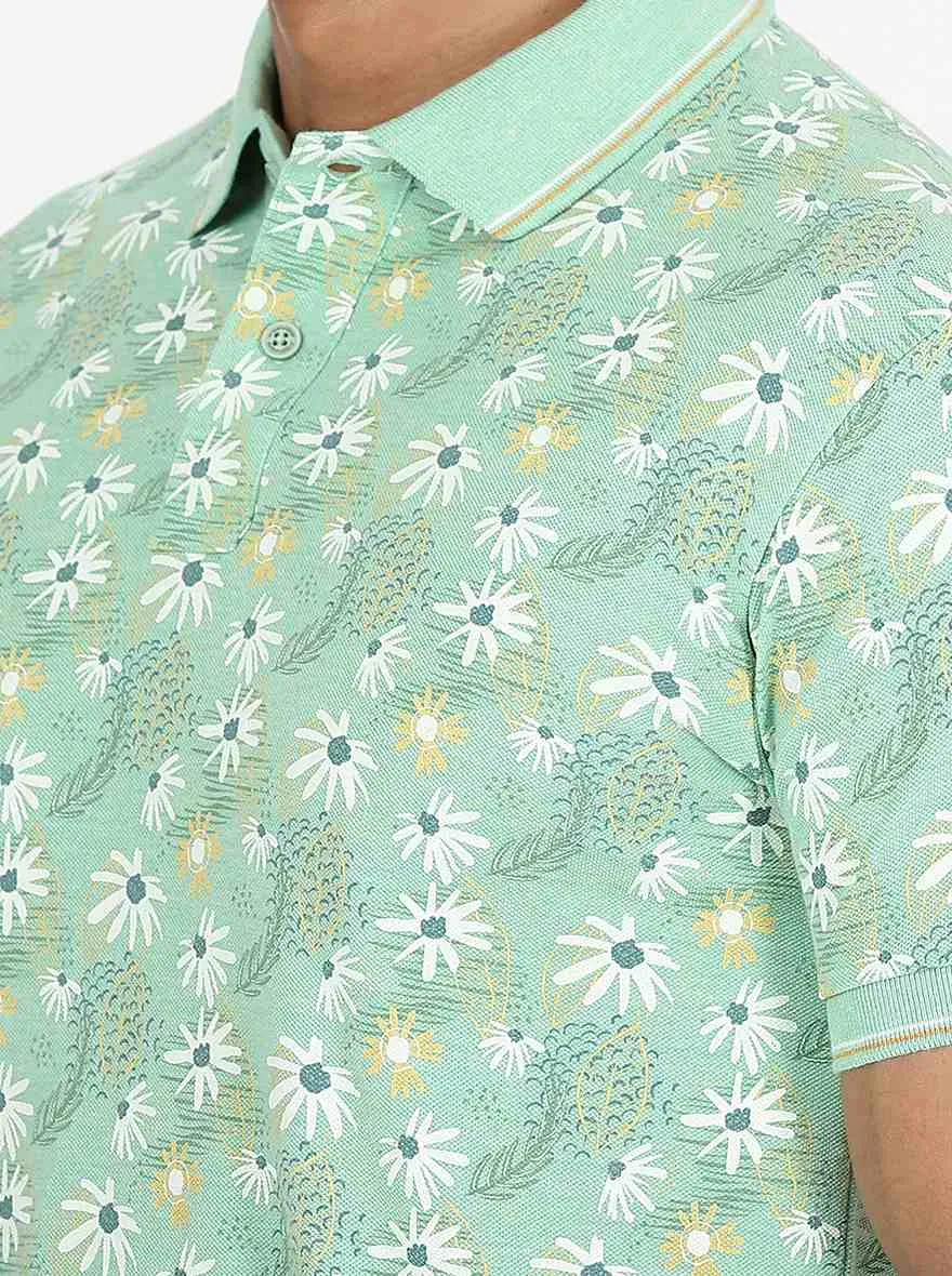 Green Printed Slim Fit Polo T-Shirt | Greenfibre