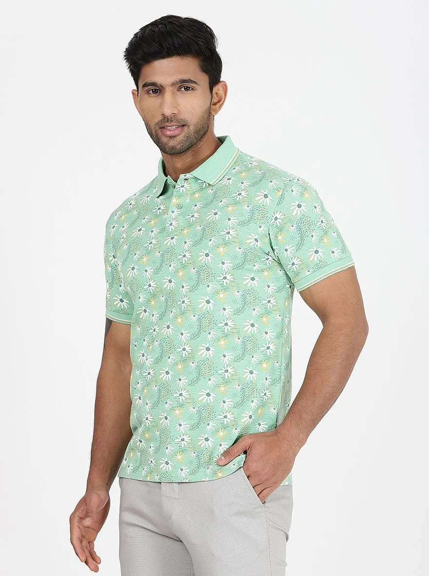 Green Printed Slim Fit Polo T-Shirt | Greenfibre