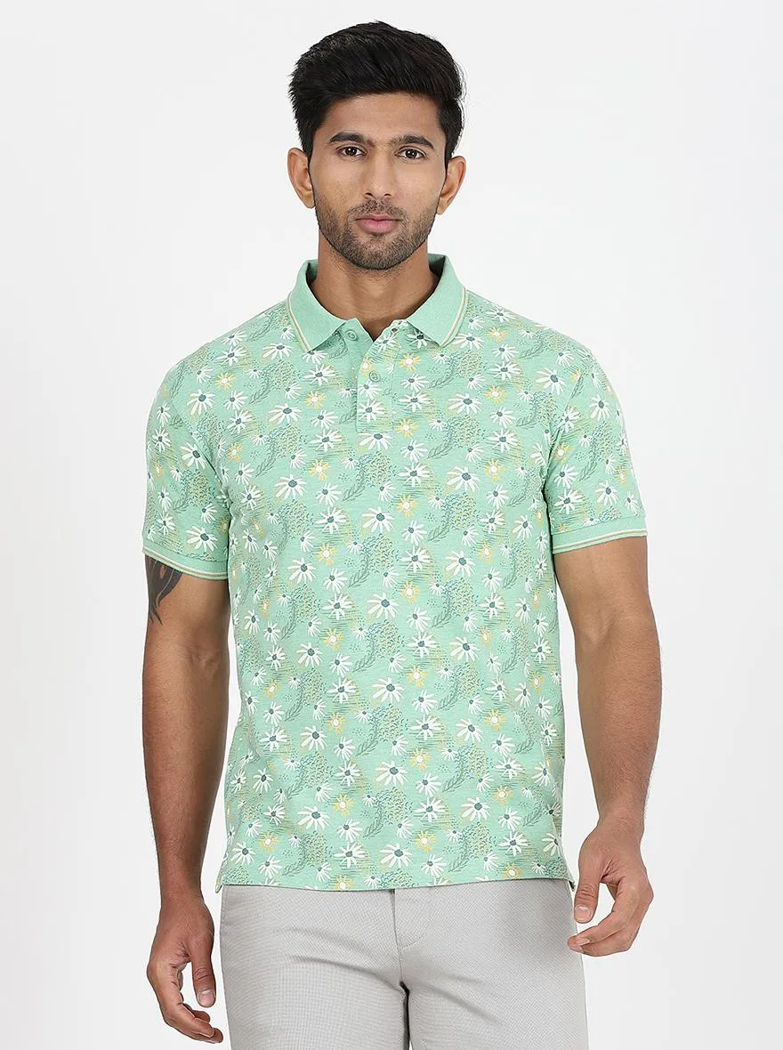 Green Printed Slim Fit Polo T-Shirt | Greenfibre