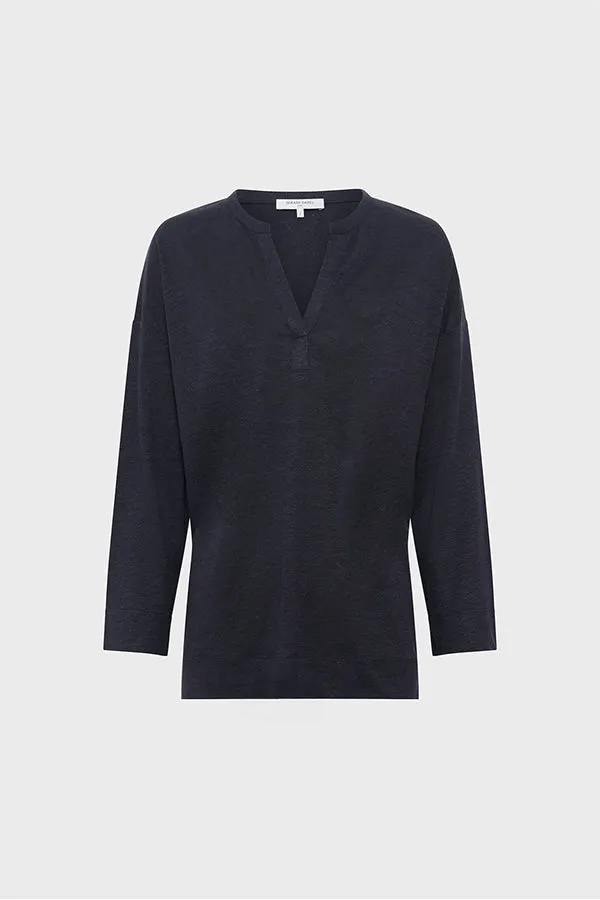 GRETTA NAVY TUNISIAN COLLAR LINEN T-SHIRT