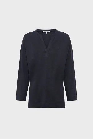 GRETTA NAVY TUNISIAN COLLAR LINEN T-SHIRT