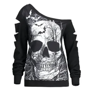 harajuku t shirt women Skew Collar Lantern Sleeve Skull Bat Print Cut Out Ripped Hollow Out street wear Tee camiseta mujer