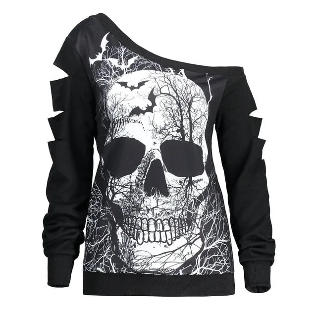 harajuku t shirt women Skew Collar Lantern Sleeve Skull Bat Print Cut Out Ripped Hollow Out street wear Tee camiseta mujer