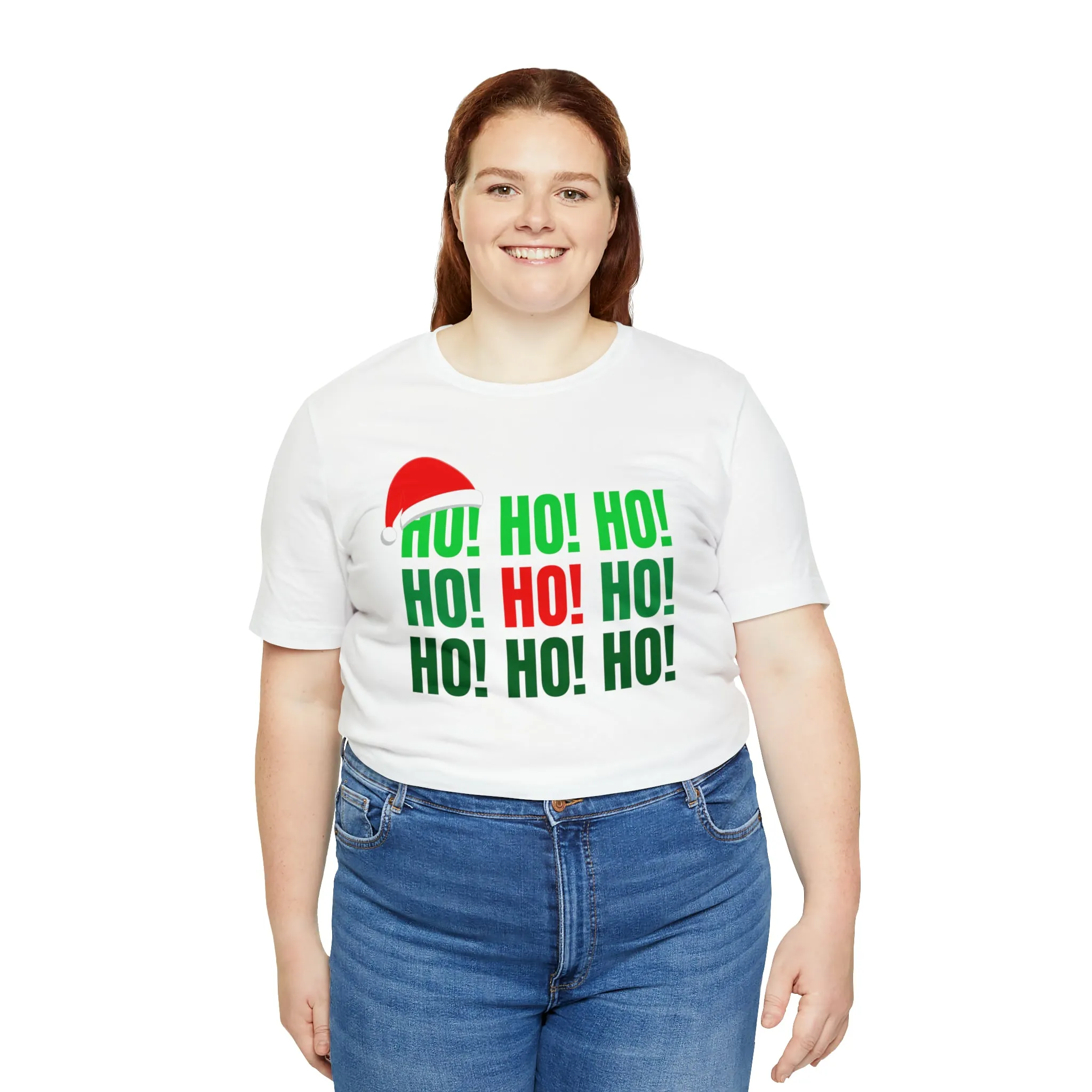 HO! HO! HO! Santa Hat T-Shirt | Red and Green Ho Ho Ho Tee |  Bella Canvas 3001Unisex | Funny Short Sleeve Tshirt