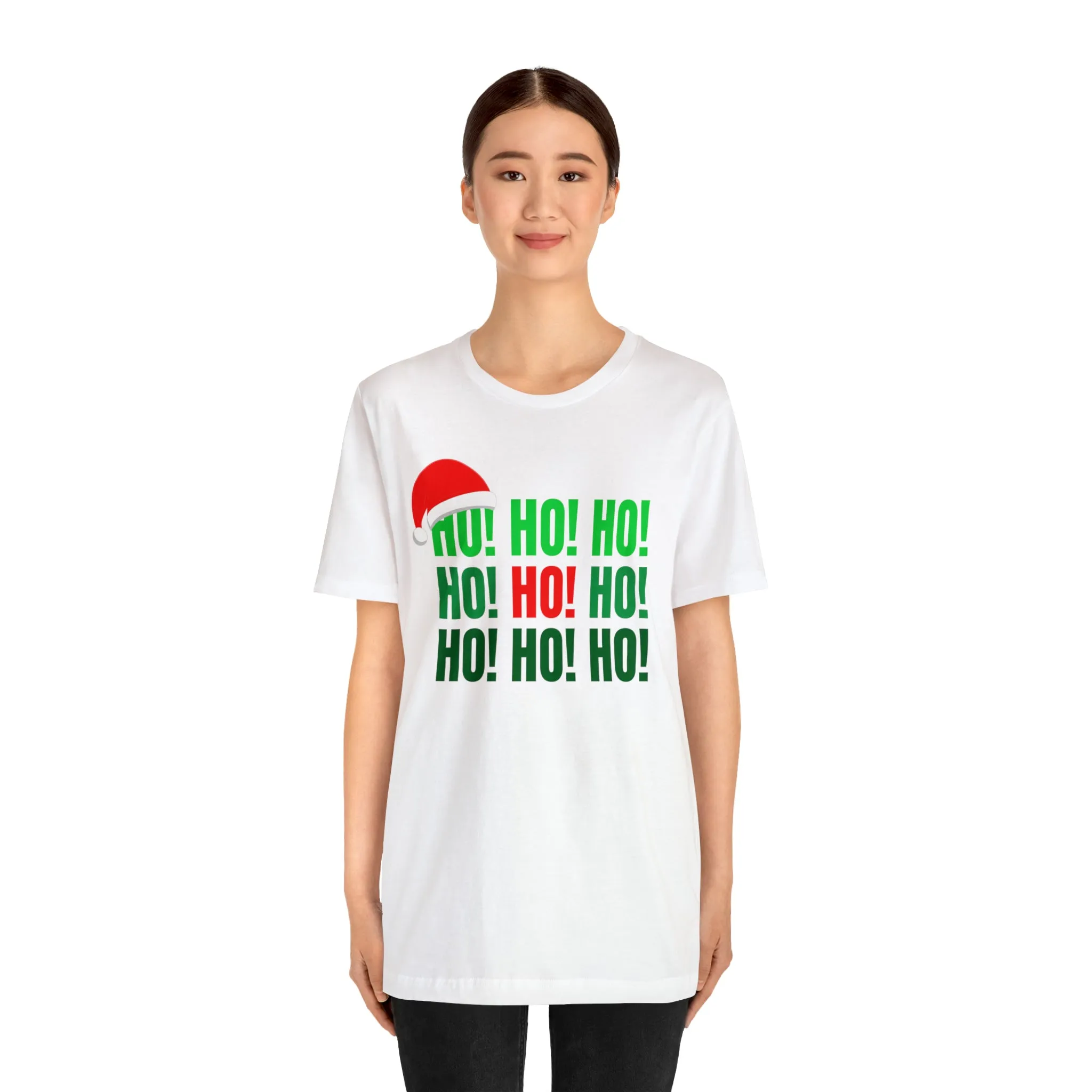 HO! HO! HO! Santa Hat T-Shirt | Red and Green Ho Ho Ho Tee |  Bella Canvas 3001Unisex | Funny Short Sleeve Tshirt