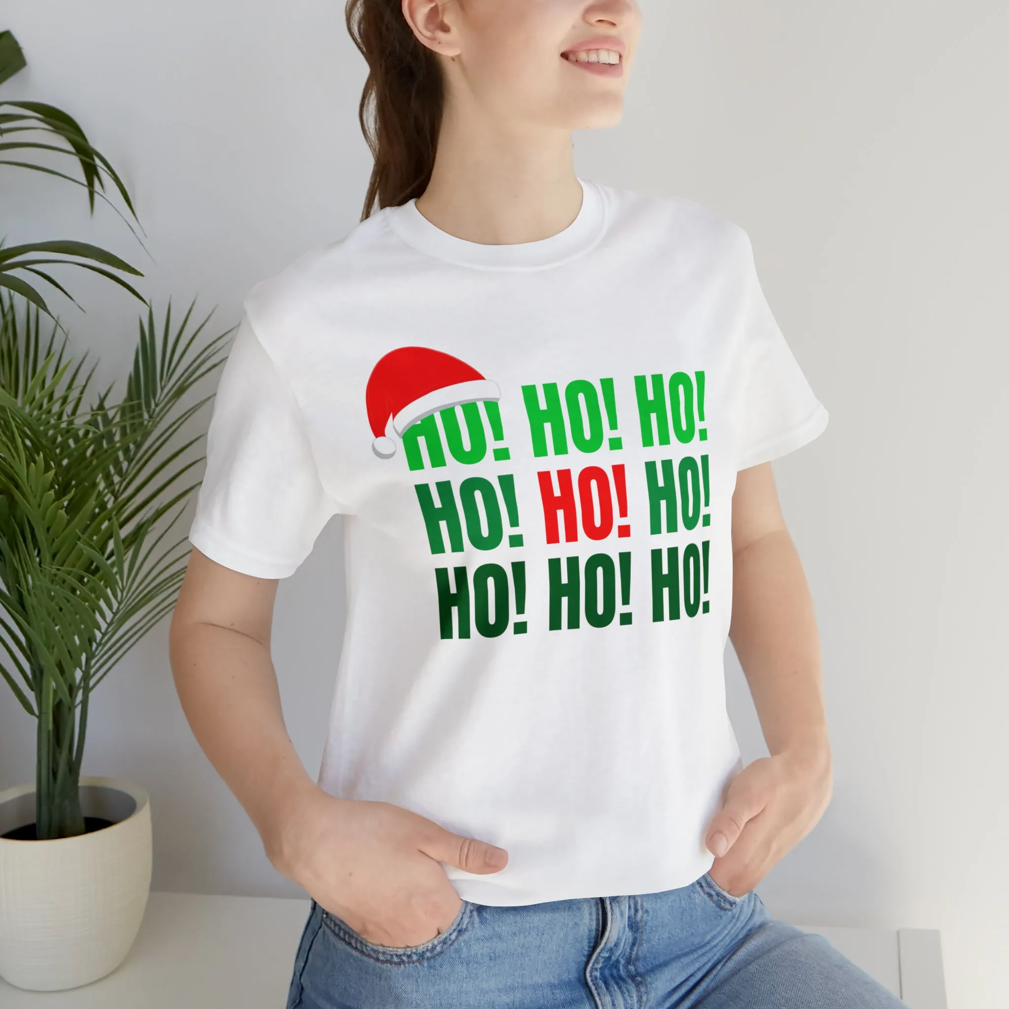 HO! HO! HO! Santa Hat T-Shirt | Red and Green Ho Ho Ho Tee |  Bella Canvas 3001Unisex | Funny Short Sleeve Tshirt