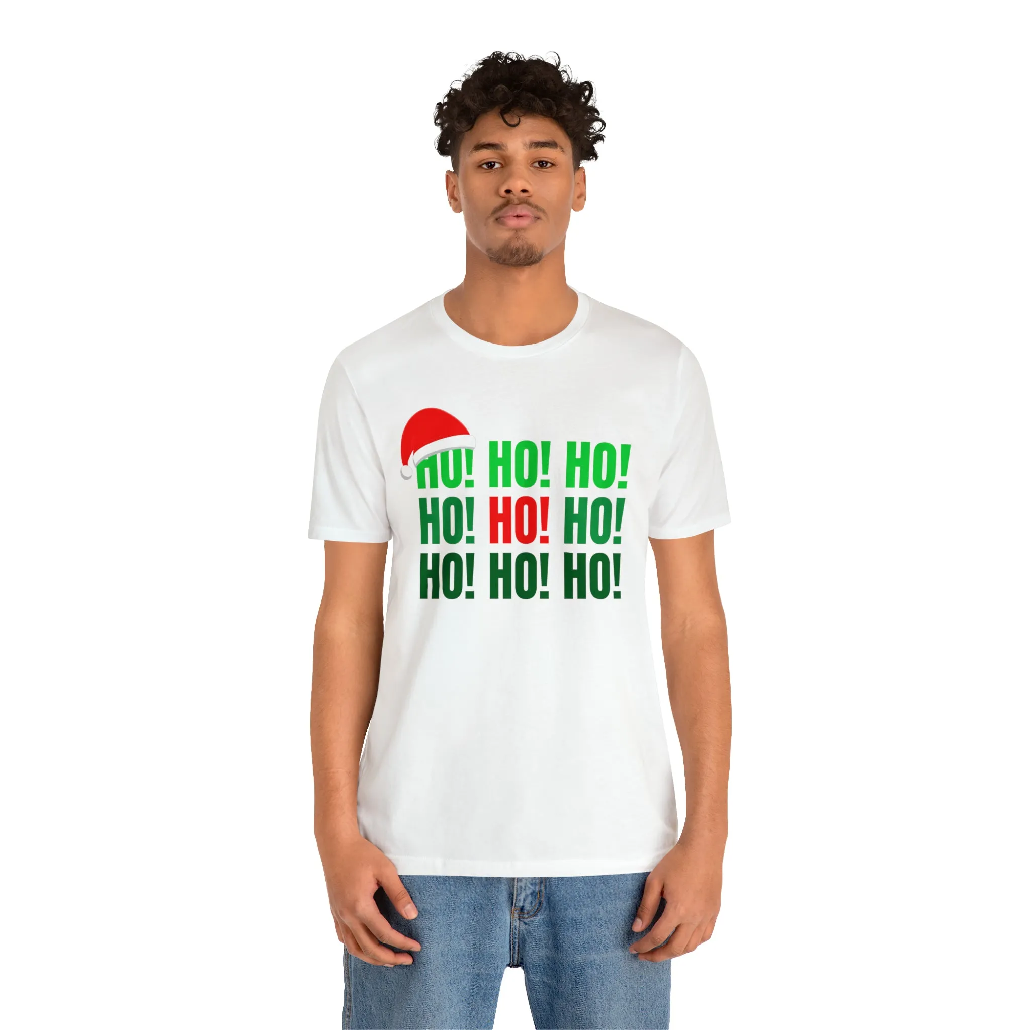 HO! HO! HO! Santa Hat T-Shirt | Red and Green Ho Ho Ho Tee |  Bella Canvas 3001Unisex | Funny Short Sleeve Tshirt