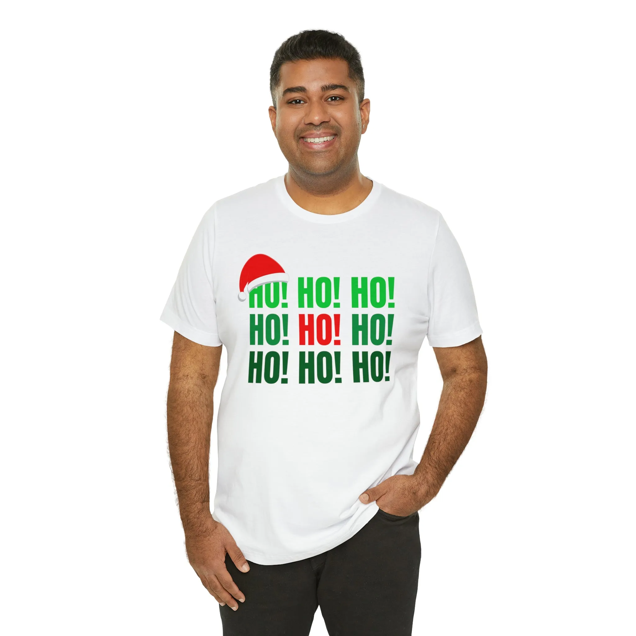 HO! HO! HO! Santa Hat T-Shirt | Red and Green Ho Ho Ho Tee |  Bella Canvas 3001Unisex | Funny Short Sleeve Tshirt