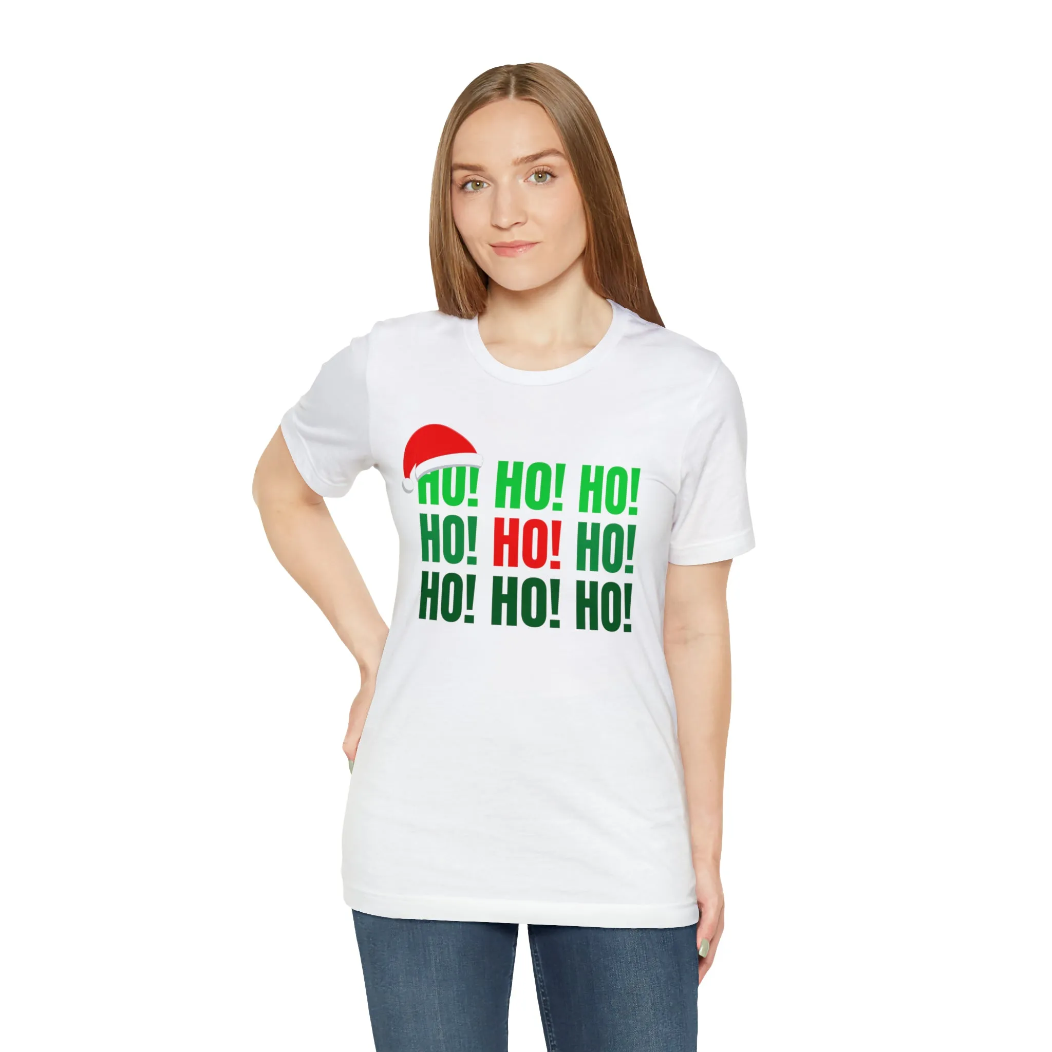 HO! HO! HO! Santa Hat T-Shirt | Red and Green Ho Ho Ho Tee |  Bella Canvas 3001Unisex | Funny Short Sleeve Tshirt