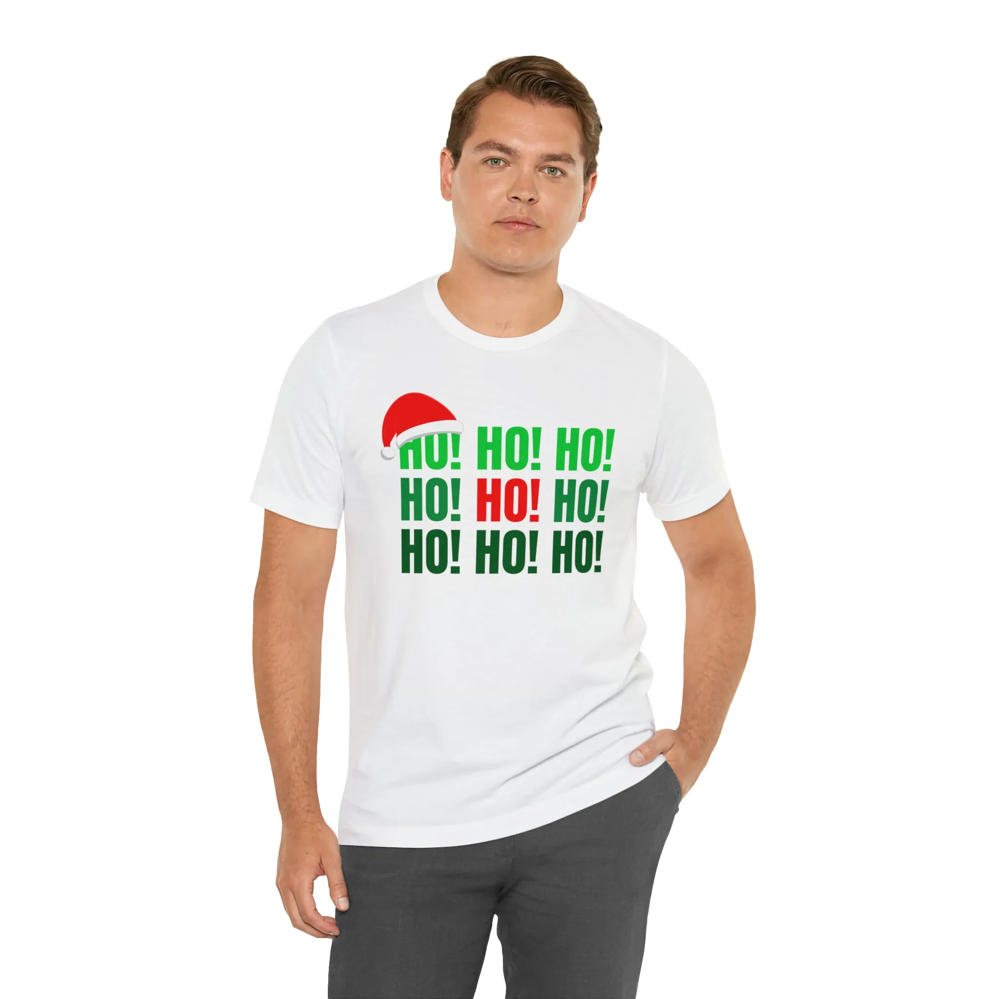 HO! HO! HO! Santa Hat T-Shirt | Red and Green Ho Ho Ho Tee |  Bella Canvas 3001Unisex | Funny Short Sleeve Tshirt