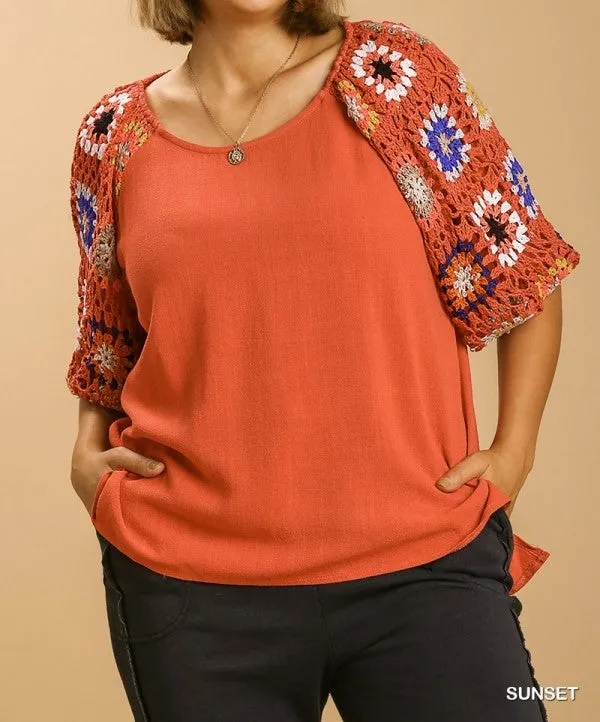Linen Blend Crochet Sleeve Top
