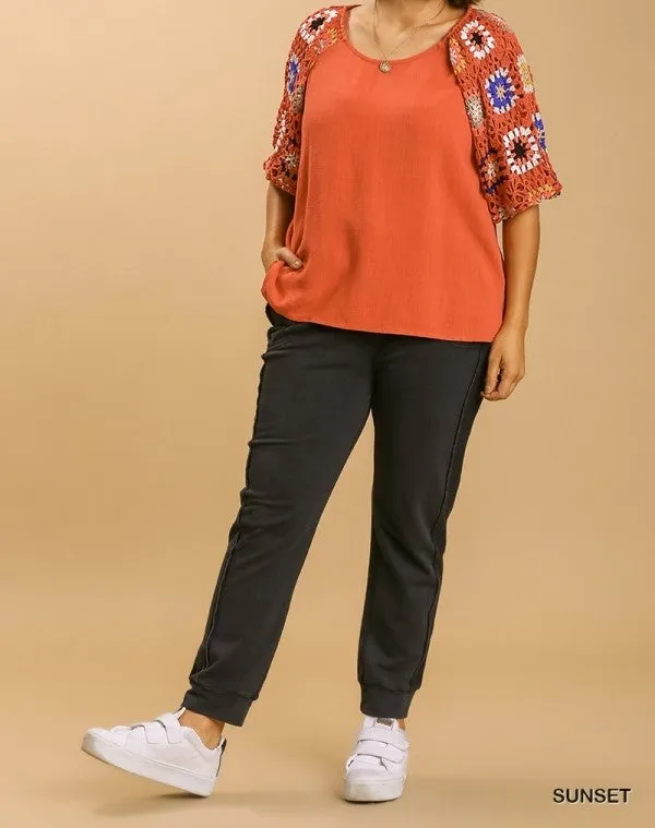 Linen Blend Crochet Sleeve Top