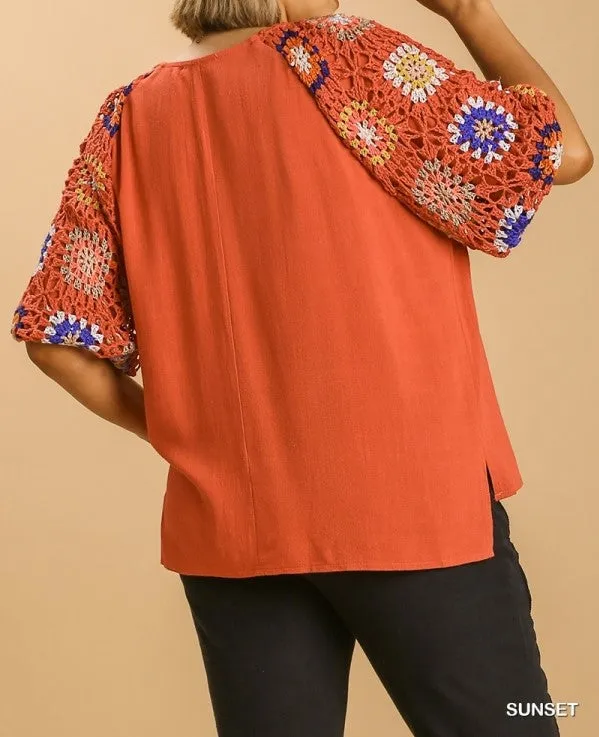 Linen Blend Crochet Sleeve Top