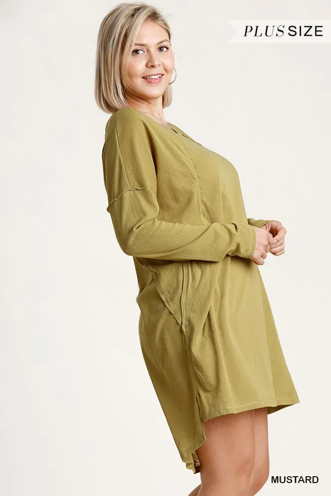 Long Raglan Sleeve Round Neck Raw Edged Detail Dress With Side Slits And Pockets