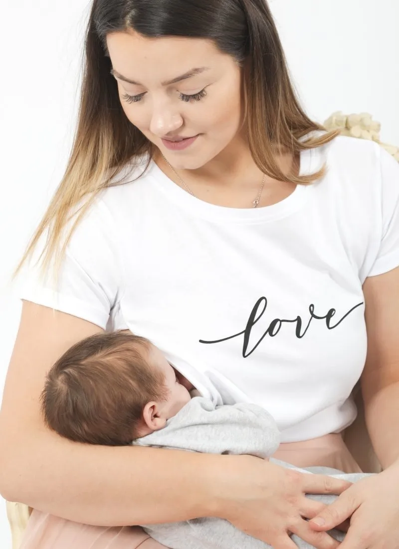 LOVE Breastfeeding T-shirt with Zips - White (Organic Cotton)