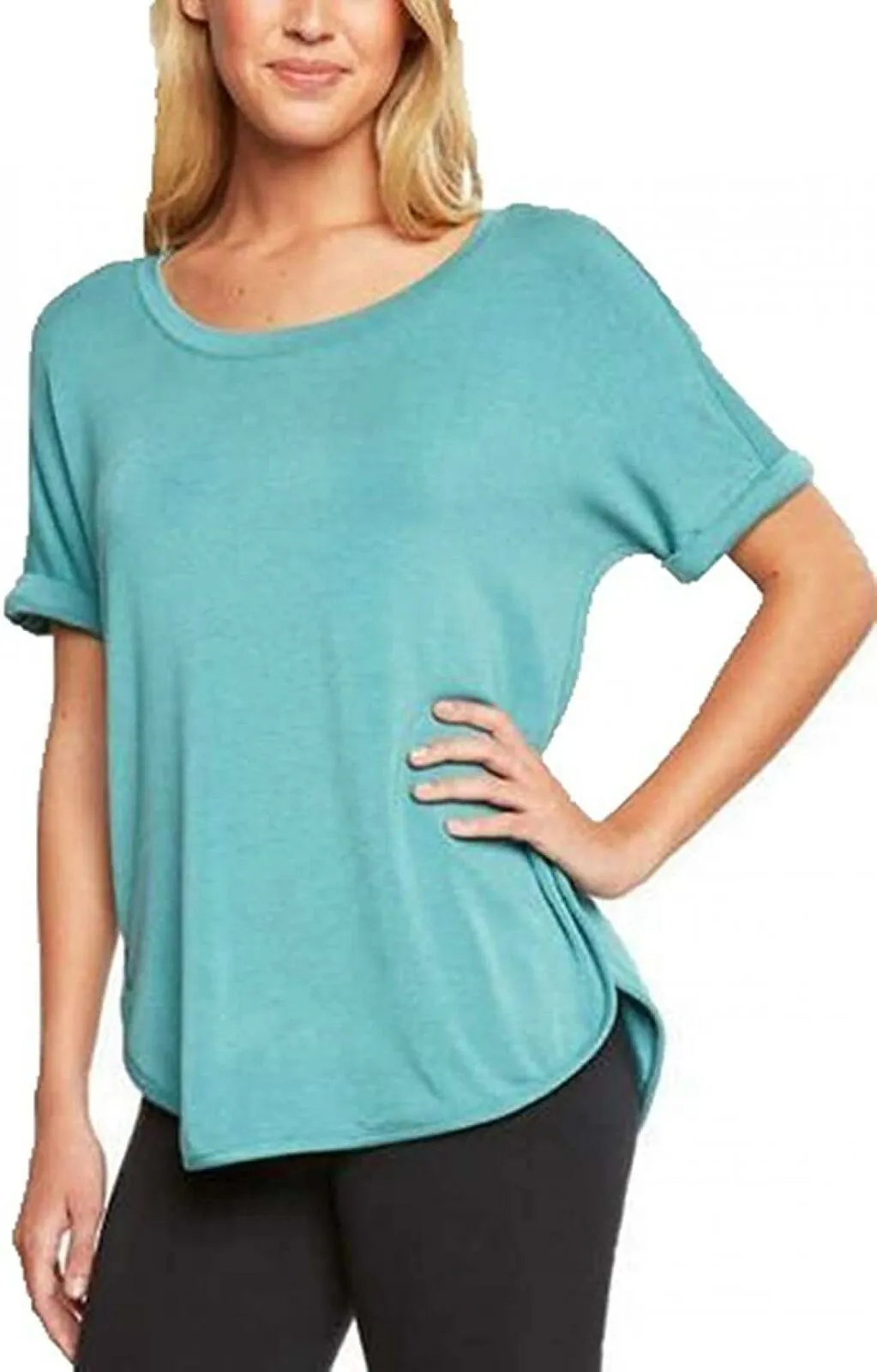 Matty M Women's Roll Cuff French Terrry Tunic T-Shirt Teal Medium